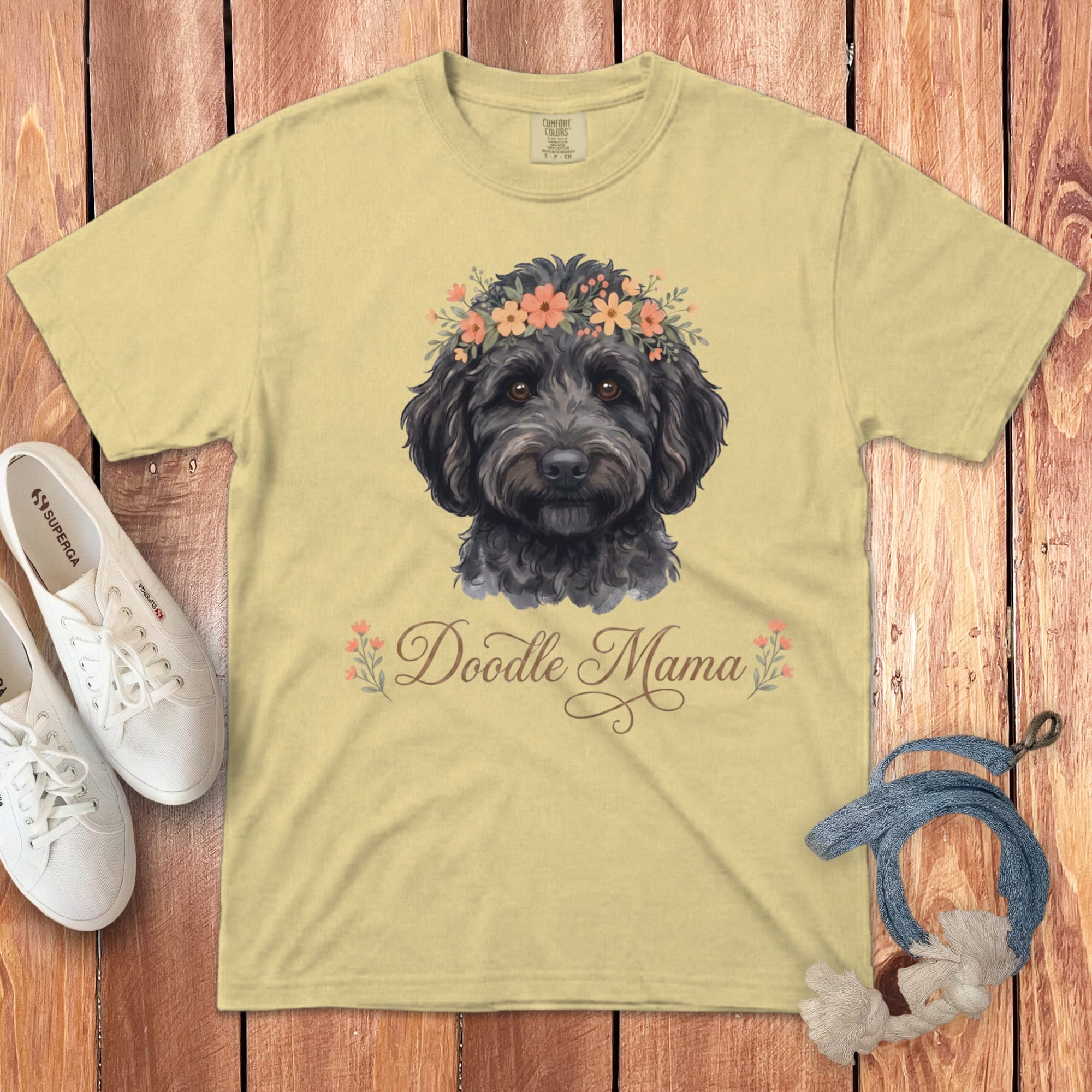Black Goldendoodle Floral Crown Signature T-Shirt in Butter / S by Puppy Jo