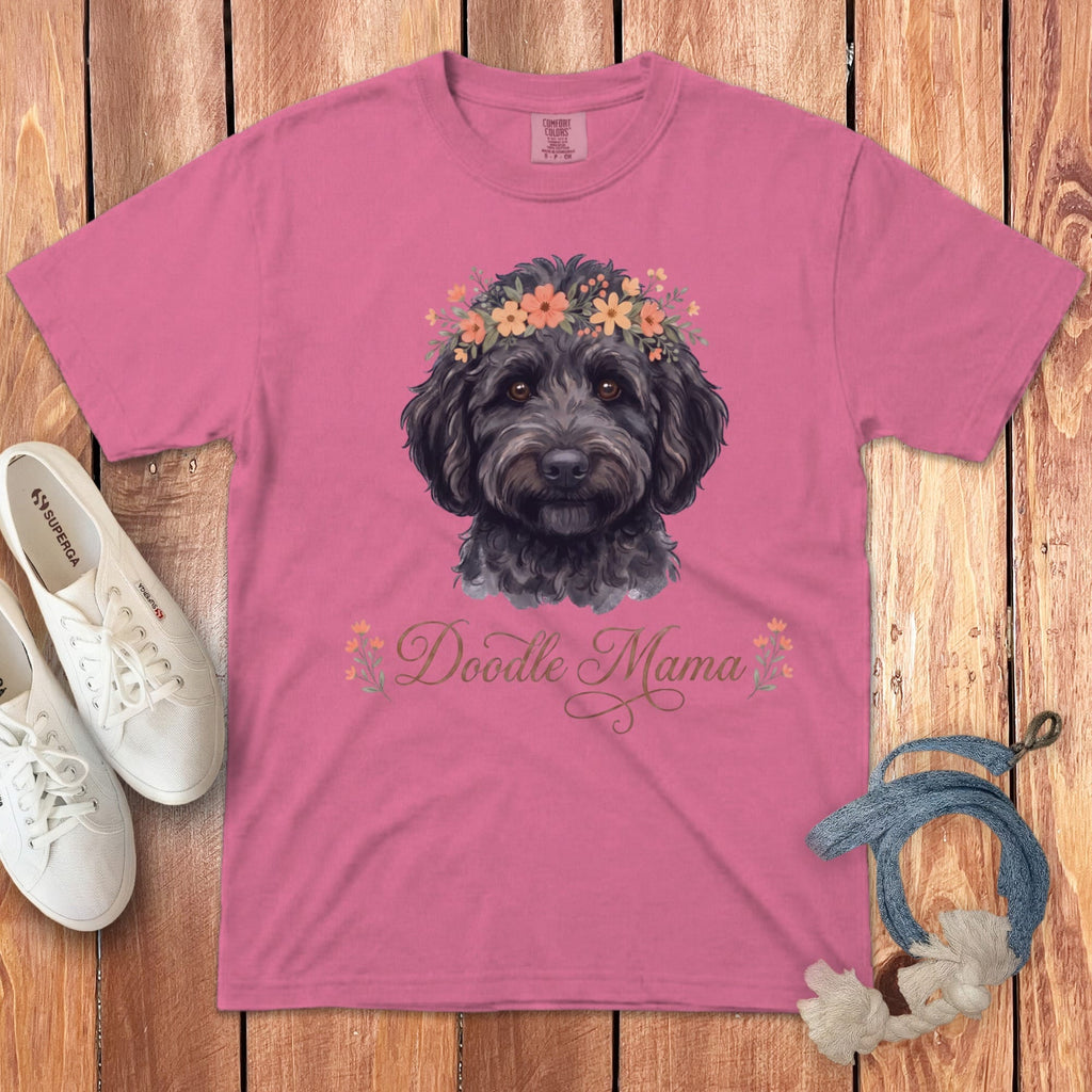 Black Goldendoodle Floral Crown Signature T-Shirt in Crunchberry / S by Puppy Jo
