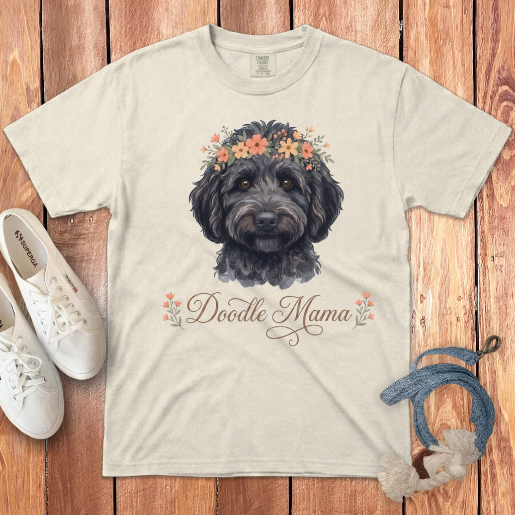 Black Goldendoodle Floral Crown Signature T-Shirt in Ivory / S by Puppy Jo