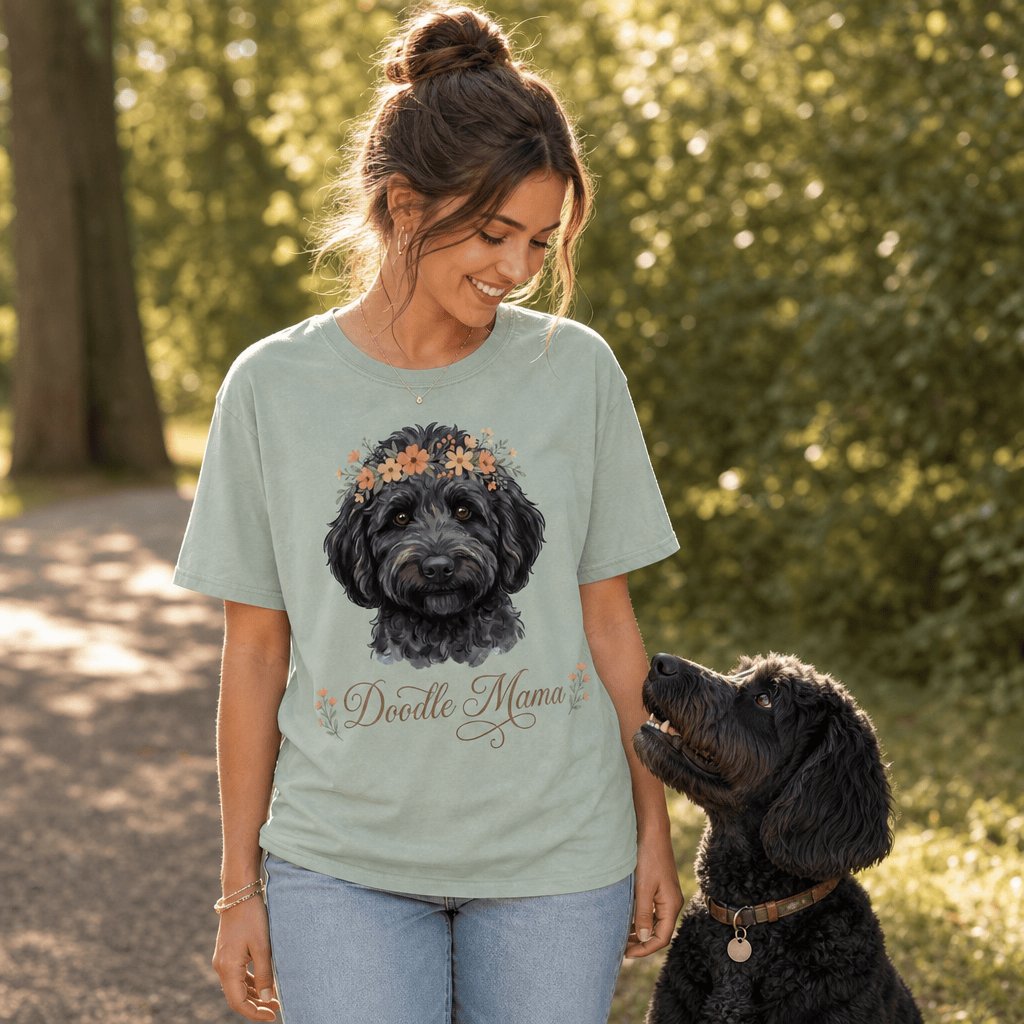 Black Goldendoodle Floral Crown Signature T-Shirt in by Puppy Jo