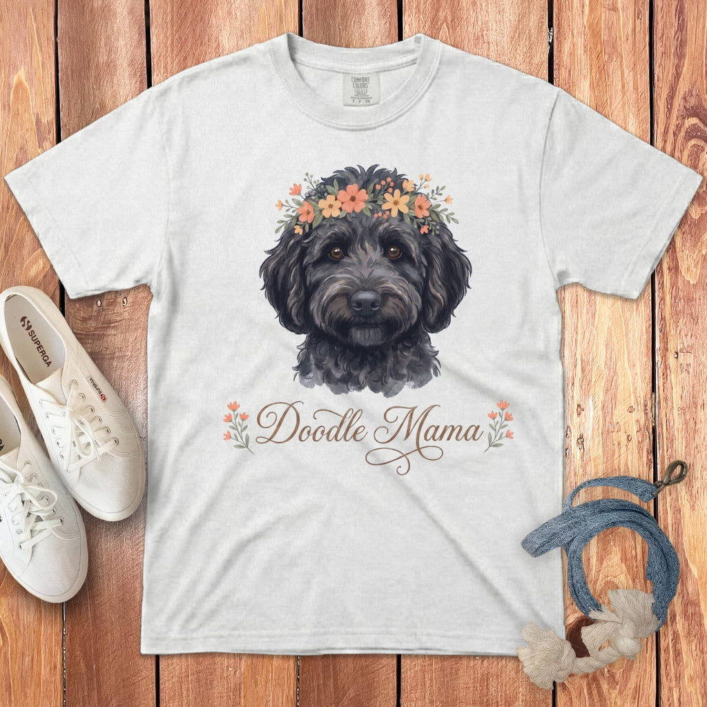 Black Goldendoodle Floral Crown Signature T-Shirt in White / S by Puppy Jo