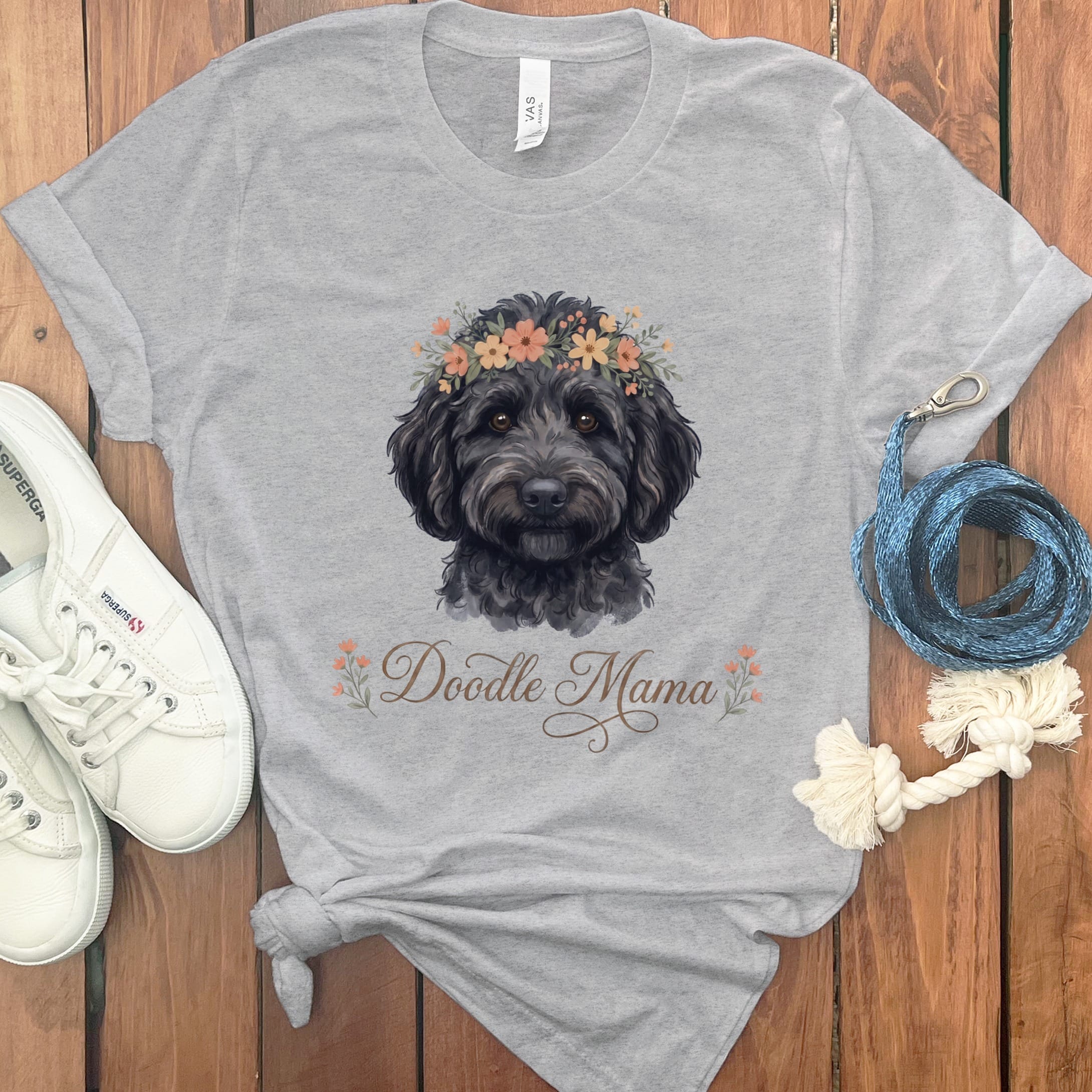 Black Goldendoodle Floral Crown T-Shirt in Athletic Heather / S by Puppy Jo