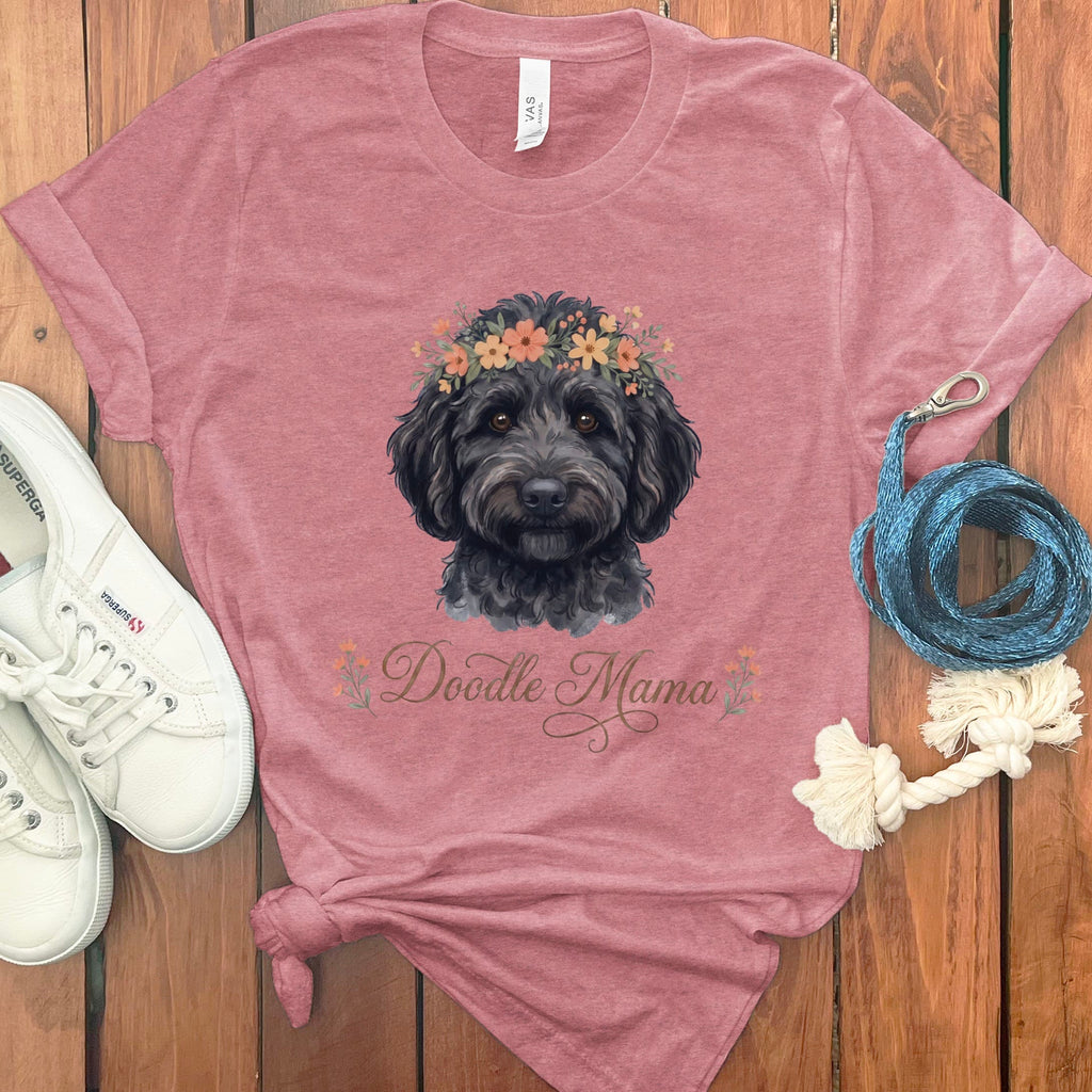 Black Goldendoodle Floral Crown T-Shirt in Heather Mauve / S by Puppy Jo