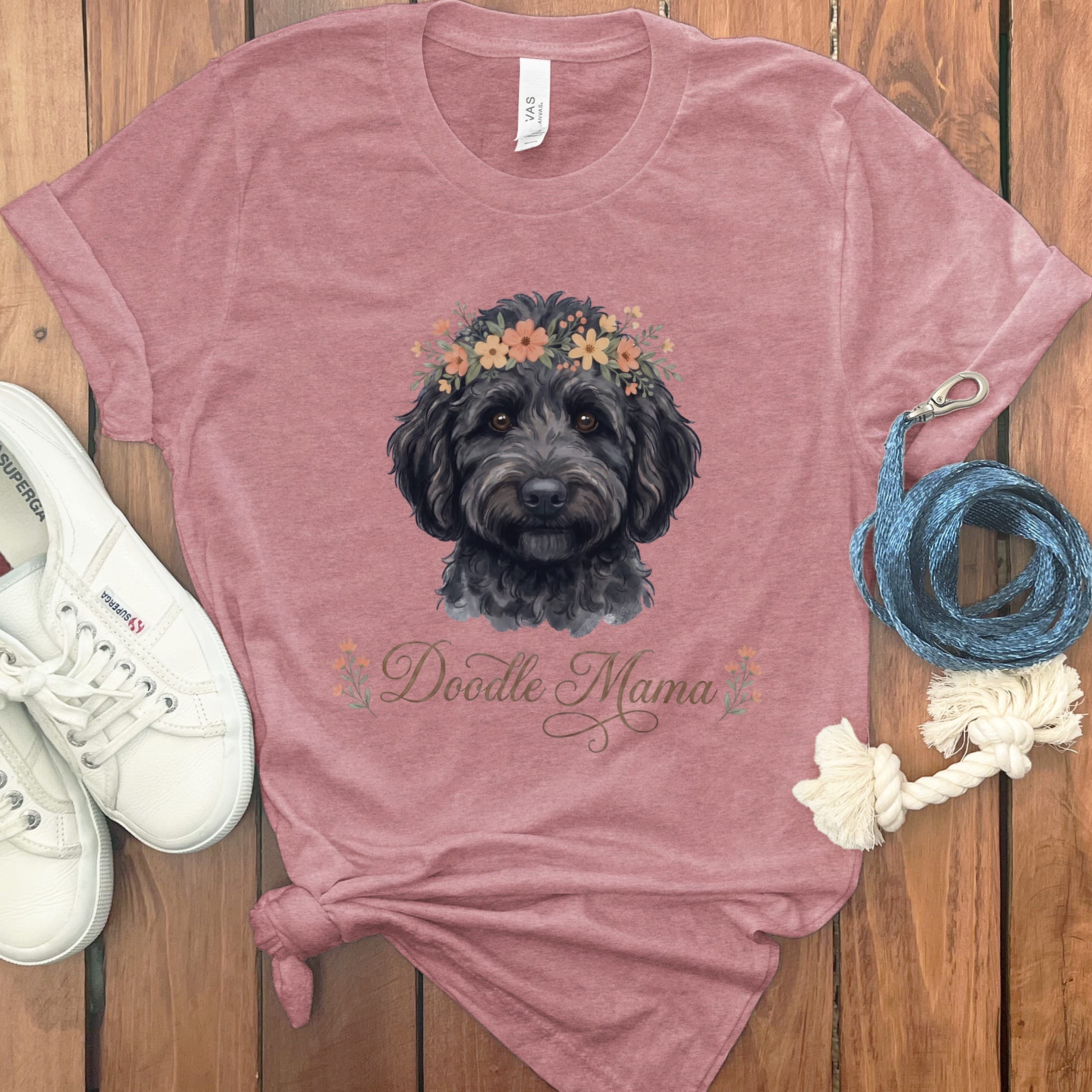 Black Goldendoodle Floral Crown T-Shirt in Heather Mauve / S by Puppy Jo