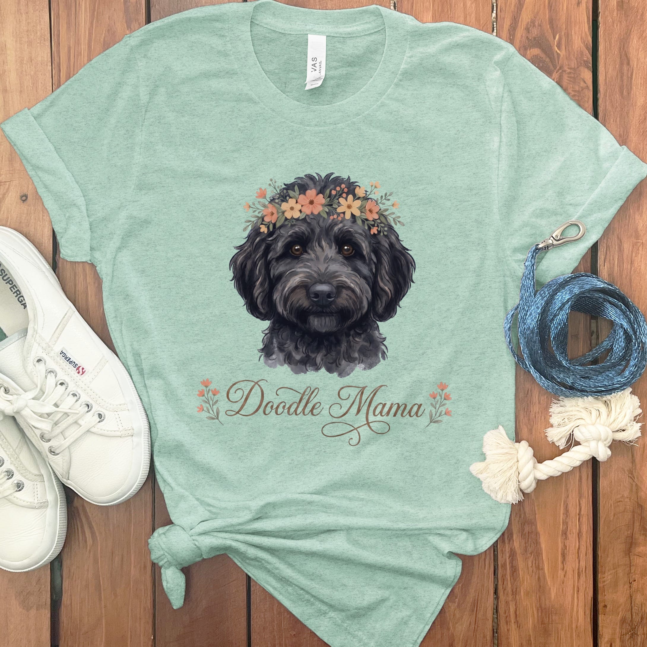 Black Goldendoodle Floral Crown T-Shirt in Heather Mint / XL by Puppy Jo