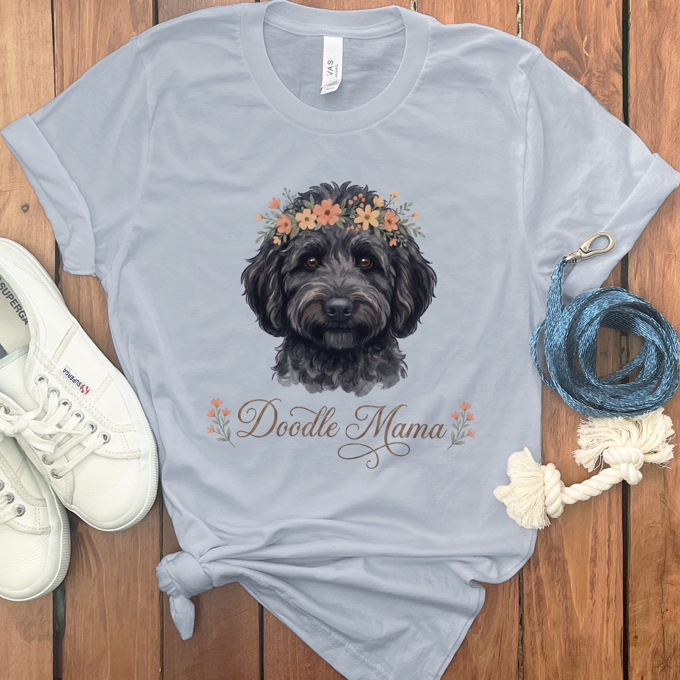 Black Goldendoodle Floral Crown T-Shirt in Light Blue / S by Puppy Jo