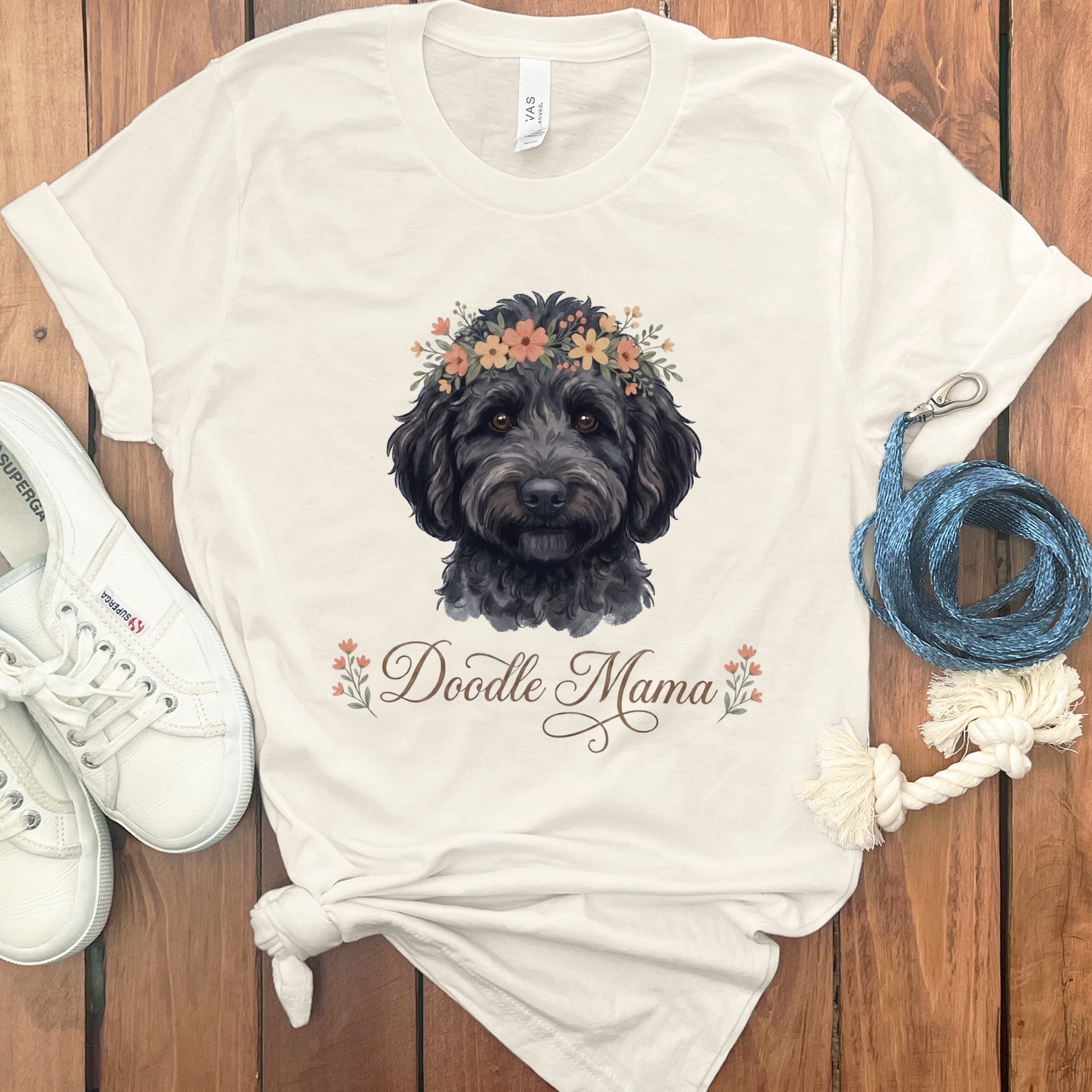 Black Goldendoodle Floral Crown T-Shirt in Natural / S by Puppy Jo