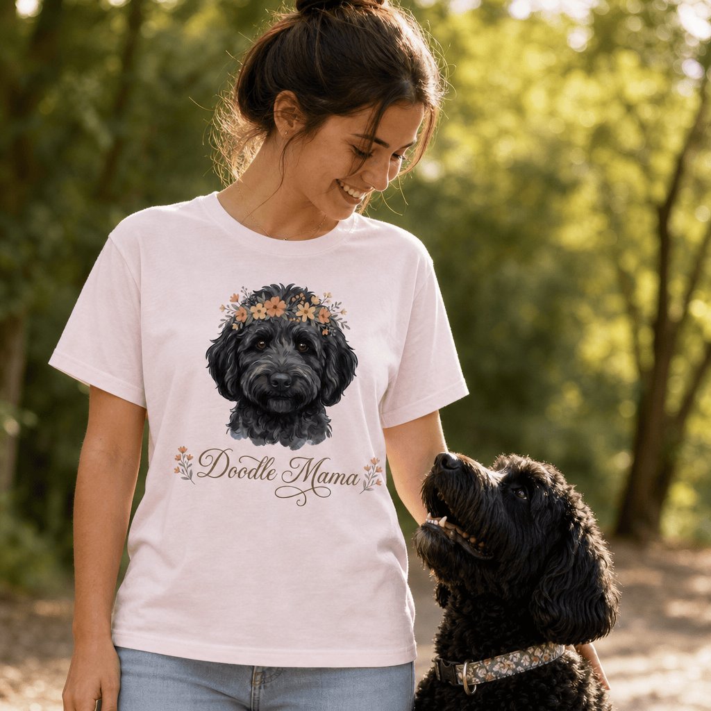 Black Goldendoodle Floral Crown T-Shirt in by Puppy Jo