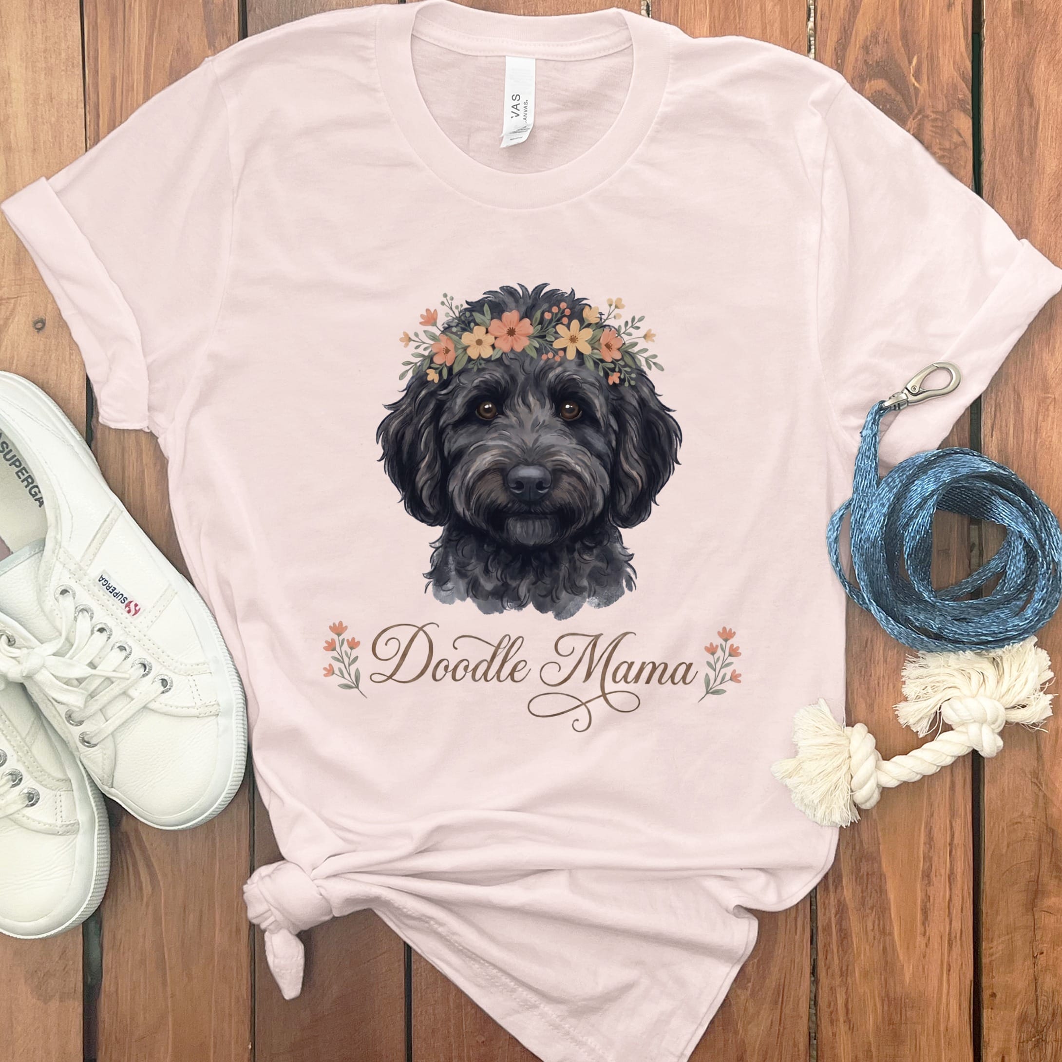 Black Goldendoodle Floral Crown T-Shirt in Soft Pink / S by Puppy Jo