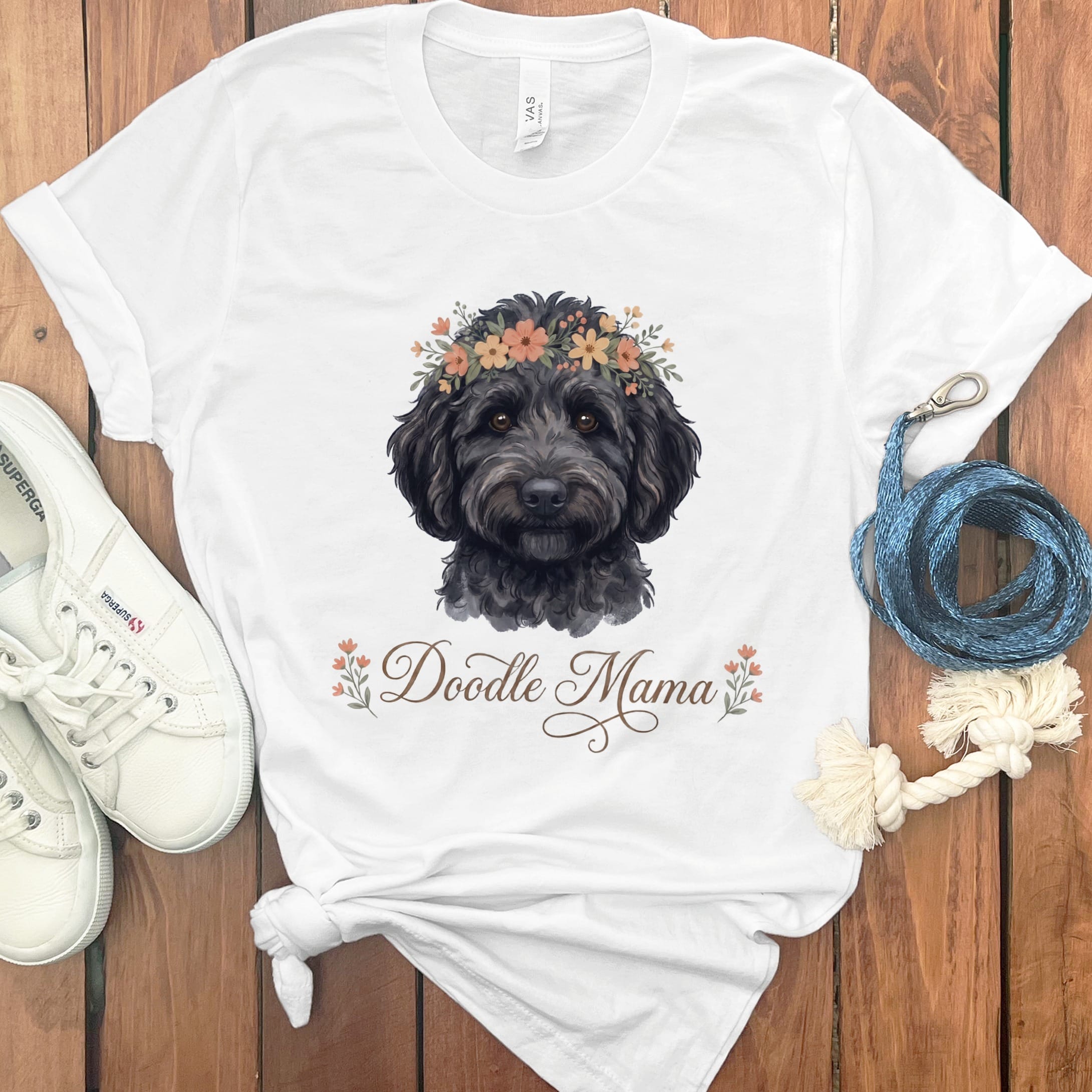 Black Goldendoodle Floral Crown T-Shirt in White / S by Puppy Jo