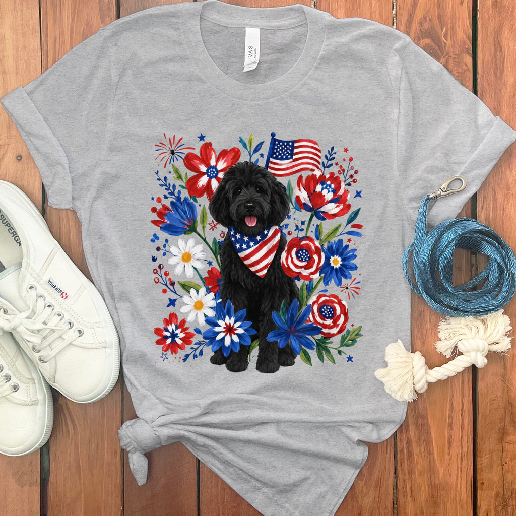 Black Goldendoodle Floral Spirit T-Shirt in Athletic Heather / S by Puppy Jo