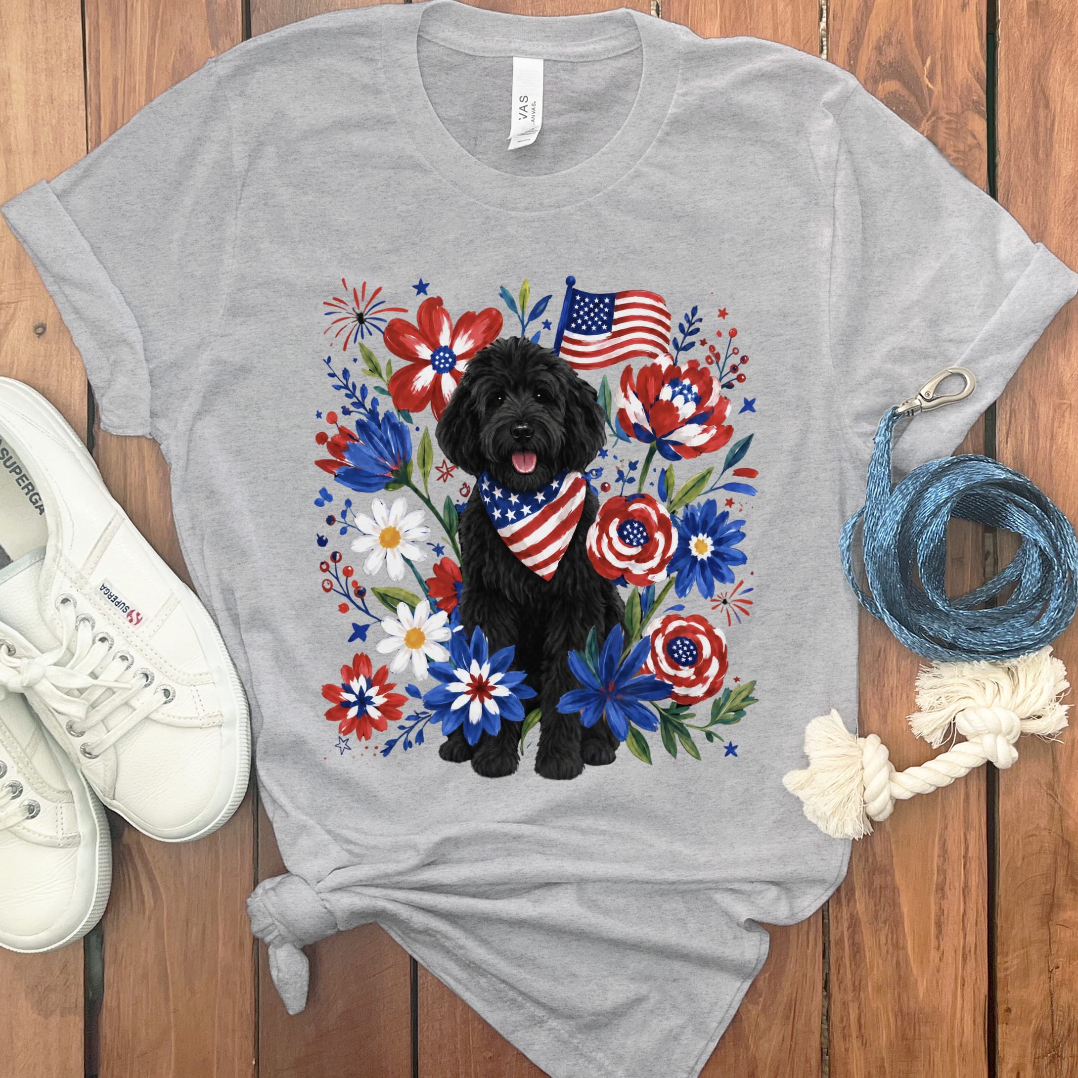 Black Goldendoodle Floral Spirit T-Shirt in Athletic Heather / S by Puppy Jo