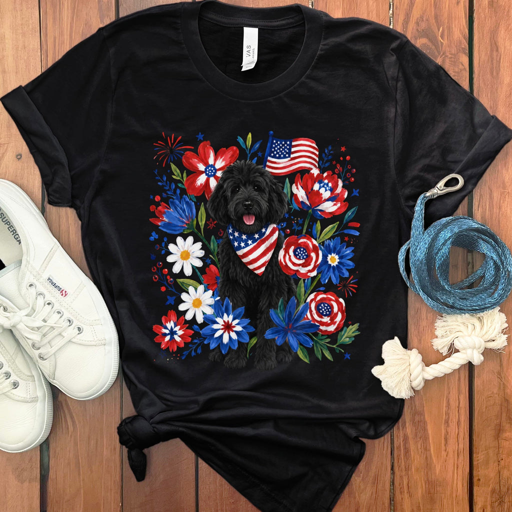 Black Goldendoodle Floral Spirit T-Shirt in Black / S by Puppy Jo