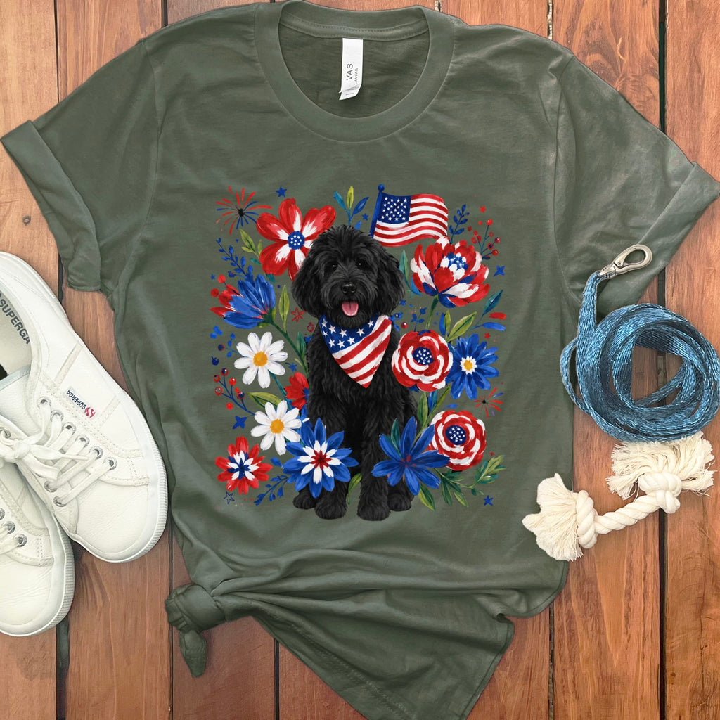 Black Goldendoodle Floral Spirit T-Shirt in Military Green / S by Puppy Jo