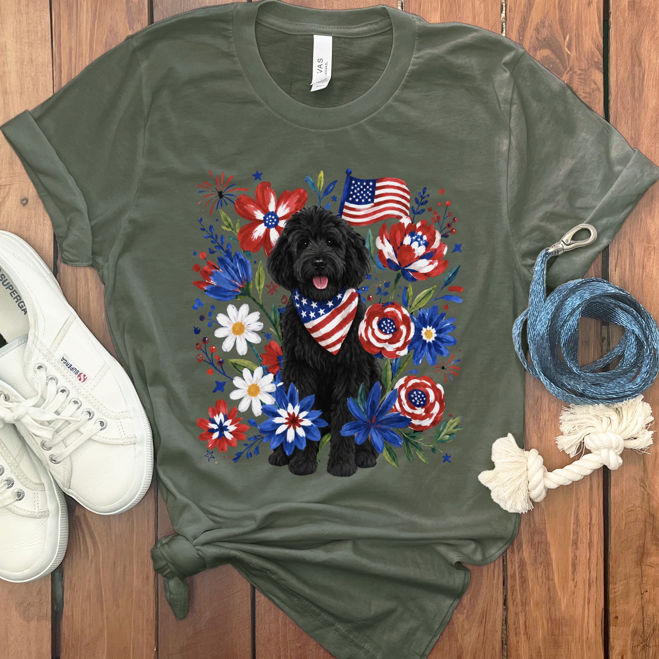 Black Goldendoodle Floral Spirit T-Shirt in Military Green / S by Puppy Jo