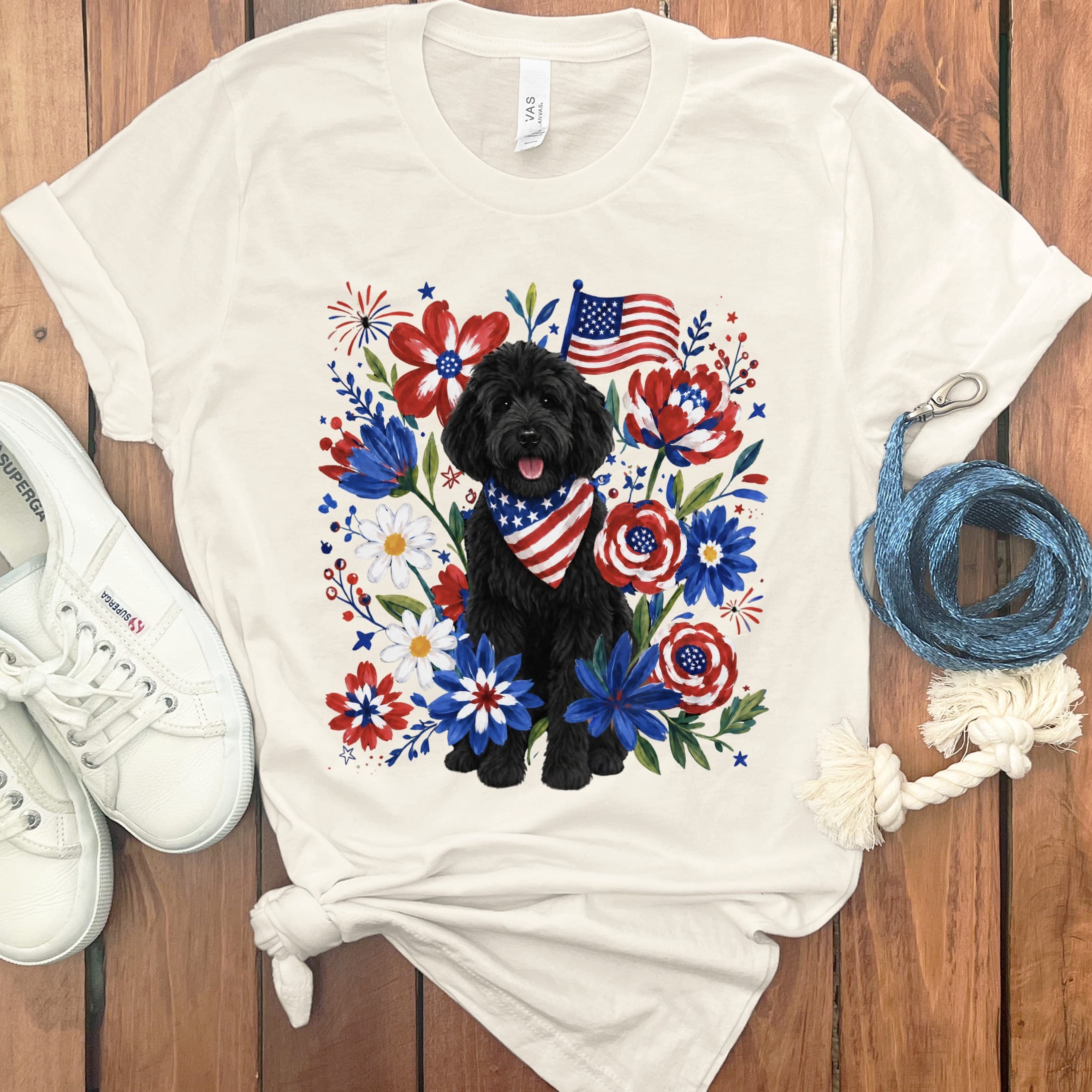 Black Goldendoodle Floral Spirit T-Shirt in Natural / S by Puppy Jo