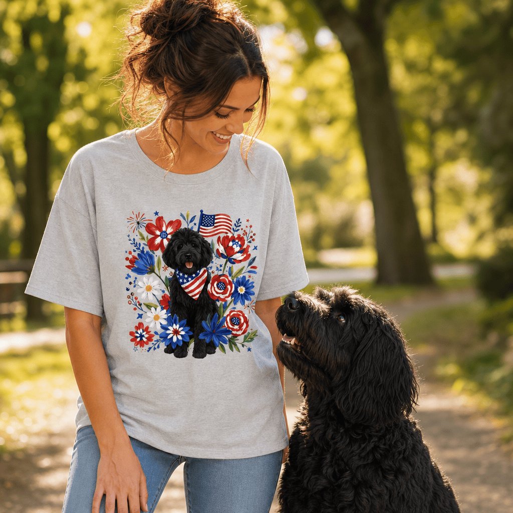 Black Goldendoodle Floral Spirit T-Shirt in by Puppy Jo