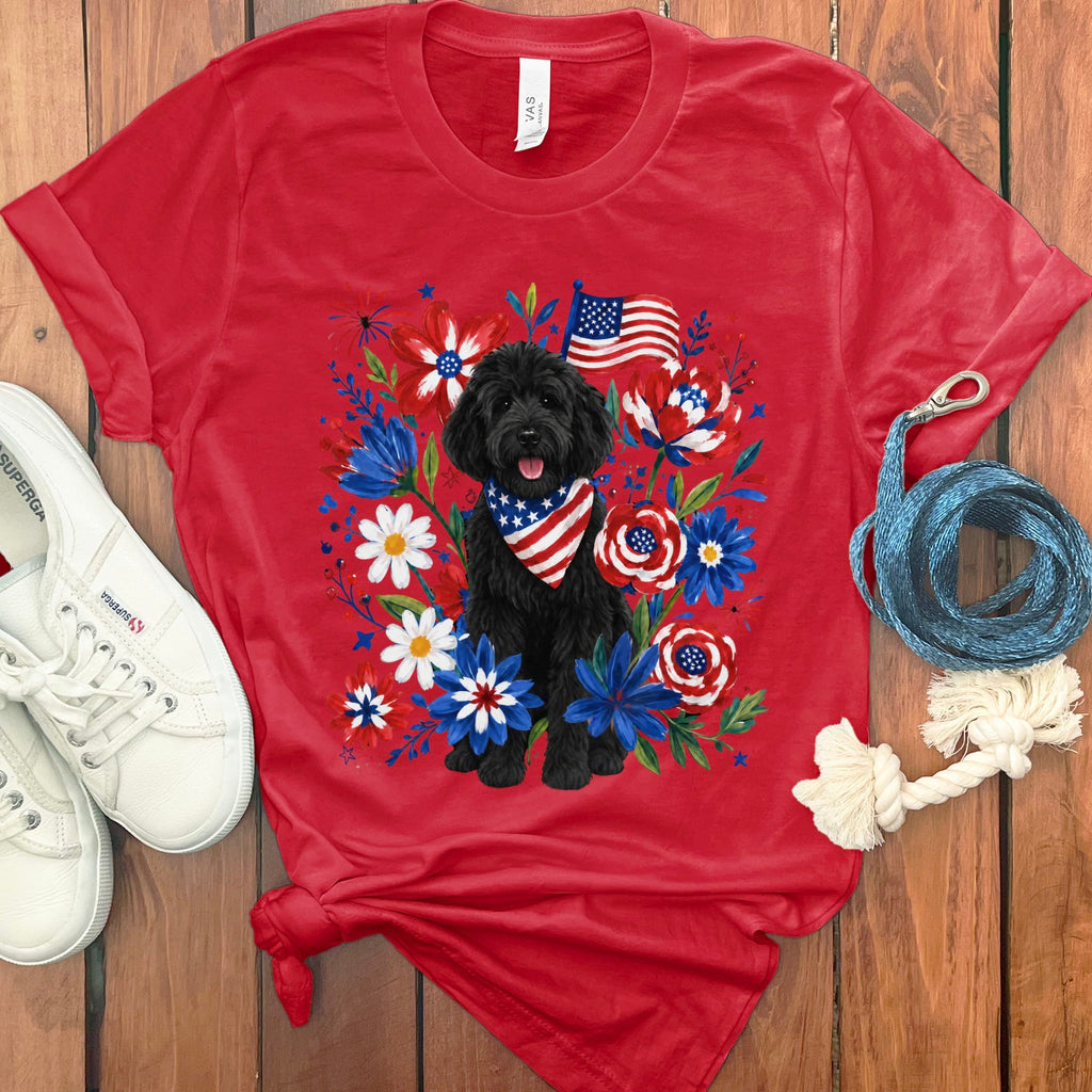 Black Goldendoodle Floral Spirit T-Shirt in Red / S by Puppy Jo