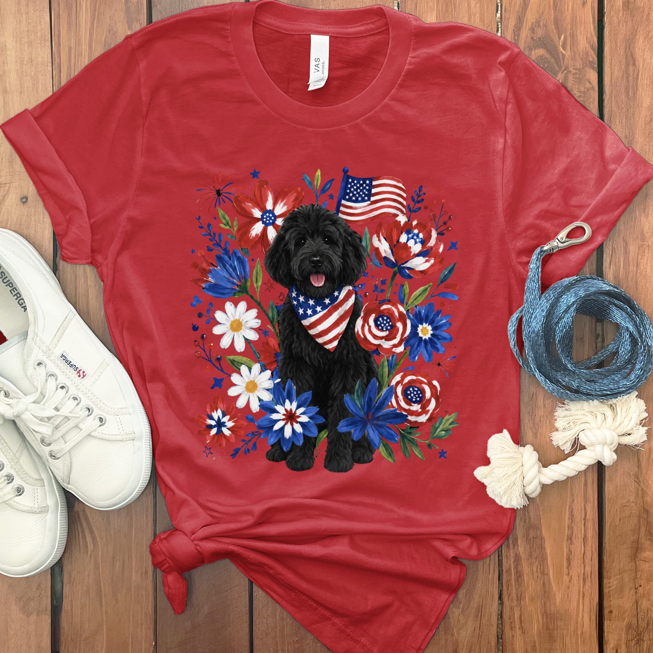 Black Goldendoodle Floral Spirit T-Shirt in Red / S by Puppy Jo