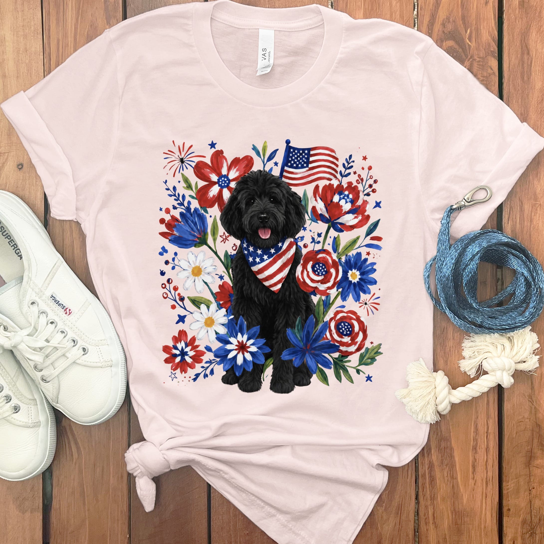 Black Goldendoodle Floral Spirit T-Shirt in Soft Pink / S by Puppy Jo