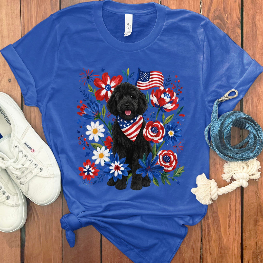 Black Goldendoodle Floral Spirit T-Shirt in True Royal / S by Puppy Jo