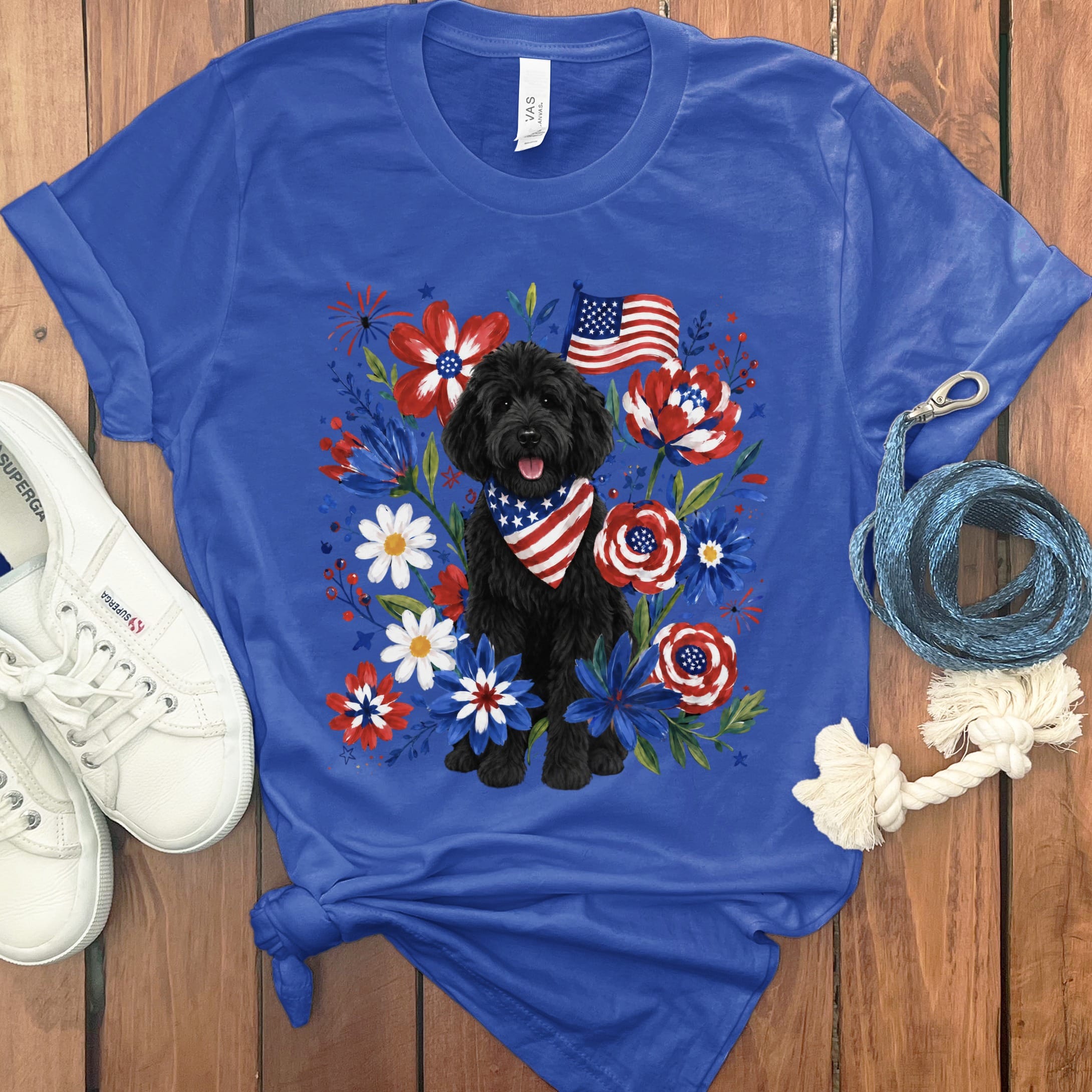 Black Goldendoodle Floral Spirit T-Shirt in True Royal / S by Puppy Jo