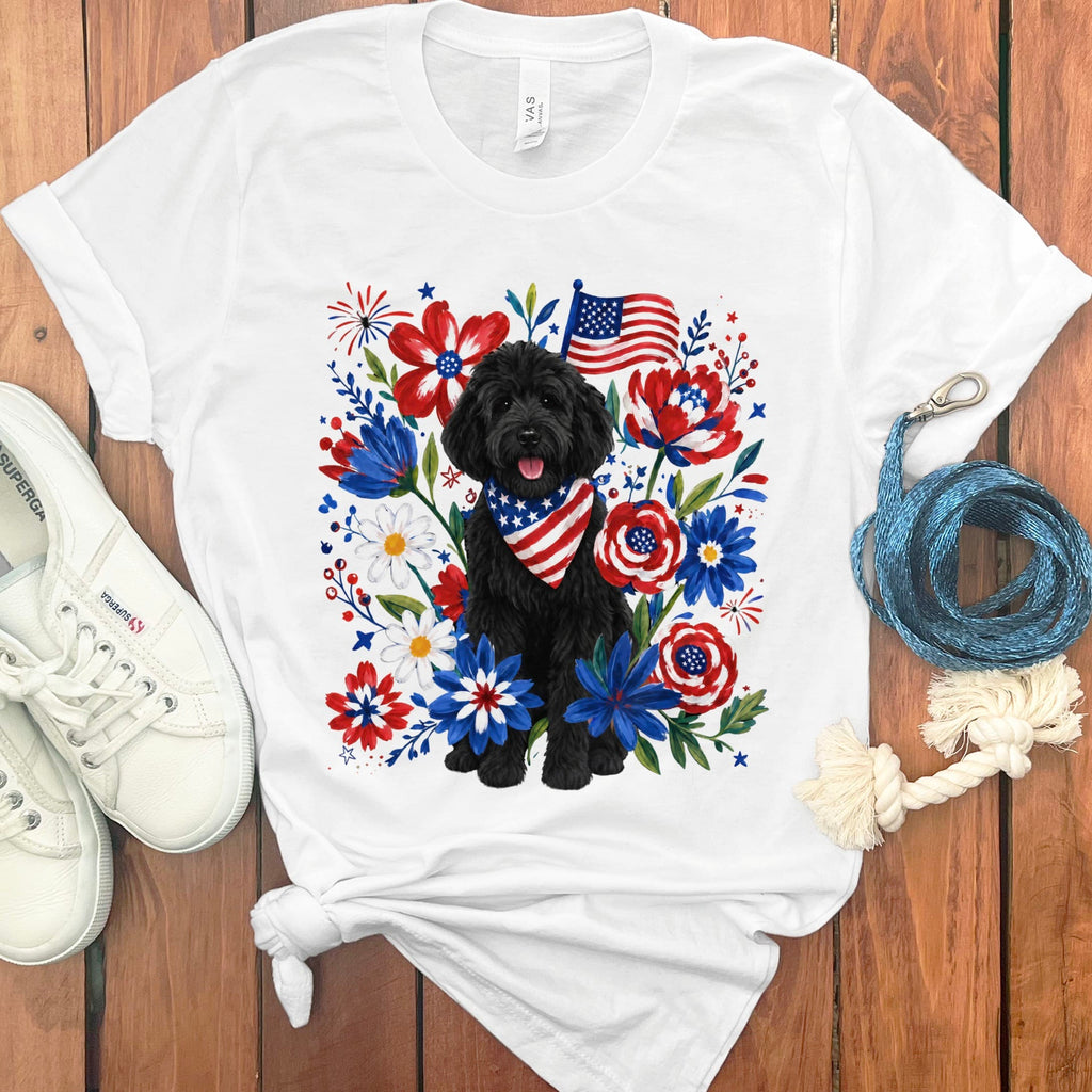 Black Goldendoodle Floral Spirit T-Shirt in White / S by Puppy Jo