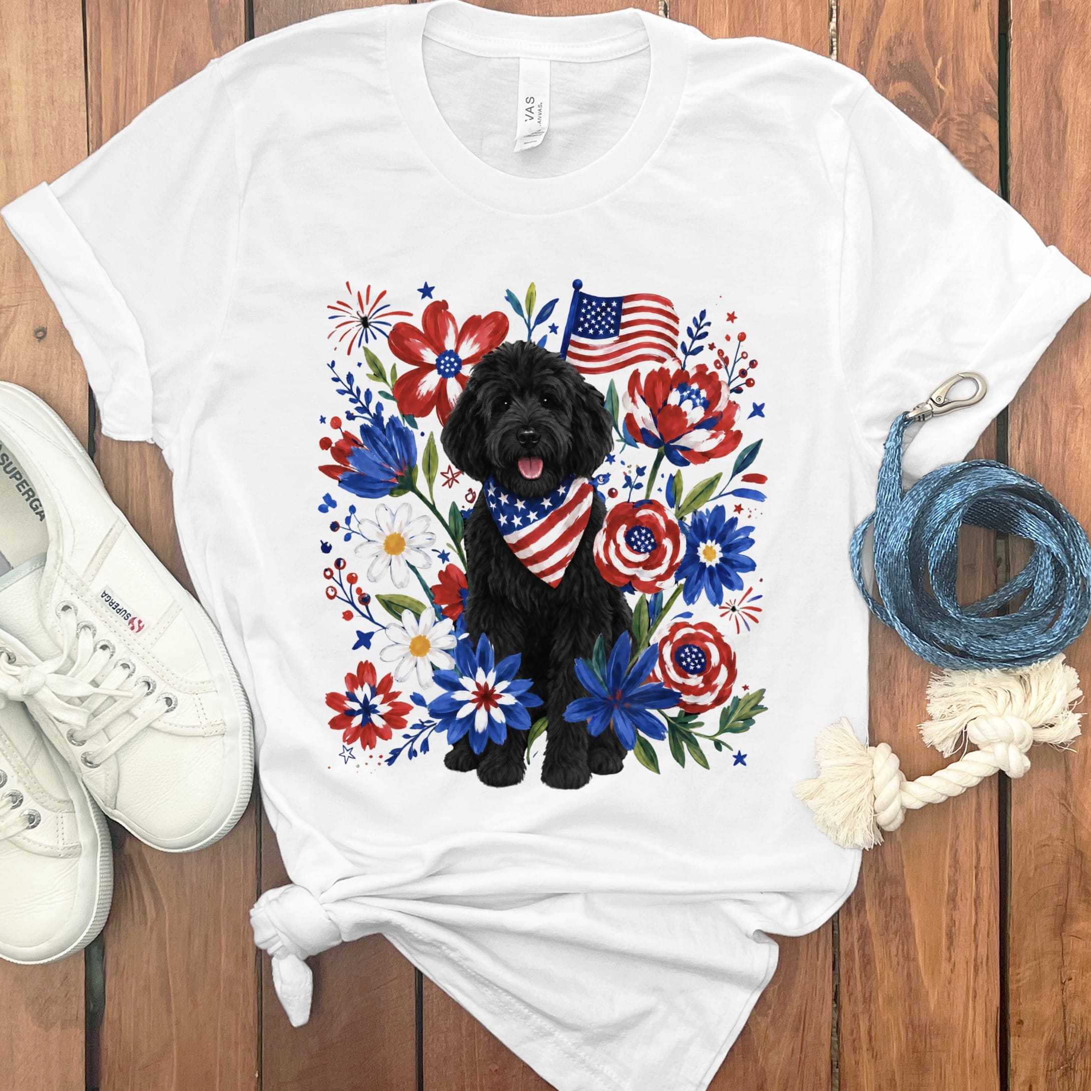 Black Goldendoodle Floral Spirit T-Shirt in White / S by Puppy Jo