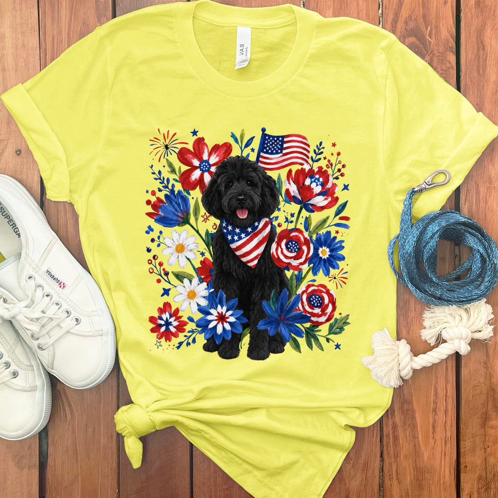 Black Goldendoodle Floral Spirit T-Shirt in Yellow / S by Puppy Jo