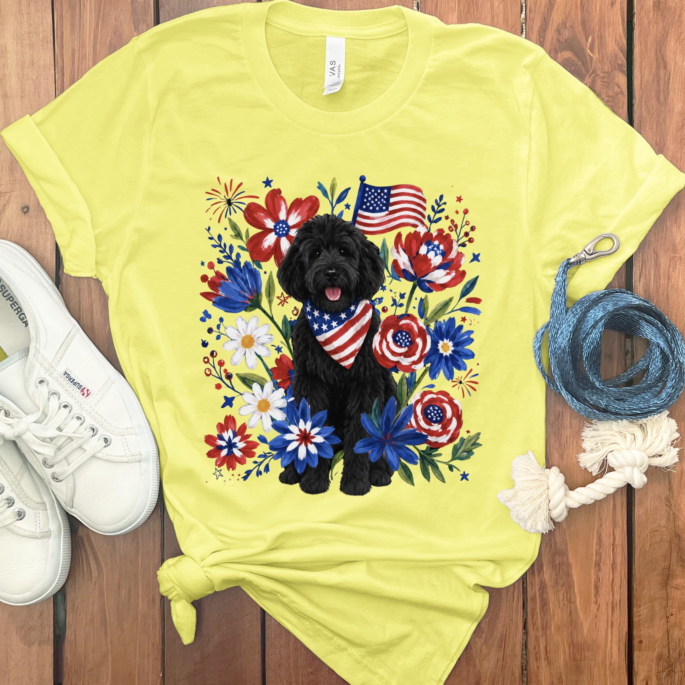 Black Goldendoodle Floral Spirit T-Shirt in Yellow / S by Puppy Jo