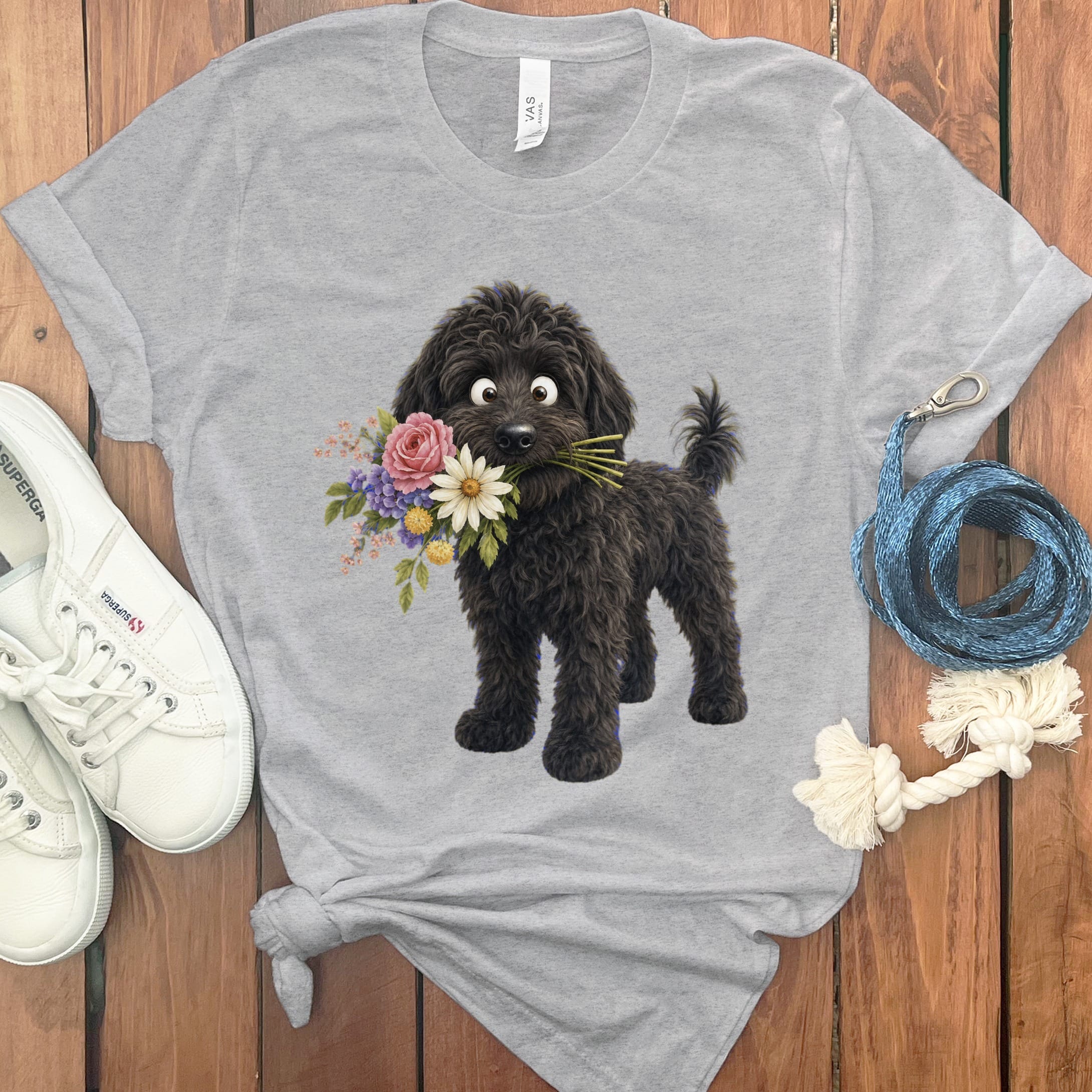 Black Goldendoodle Flower Shop T-Shirt in Athletic Heather / S by Puppy Jo