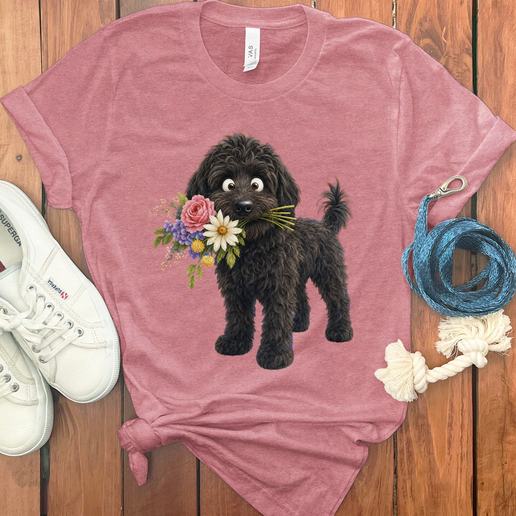 Black Goldendoodle Flower Shop T-Shirt in Heather Mauve / S by Puppy Jo