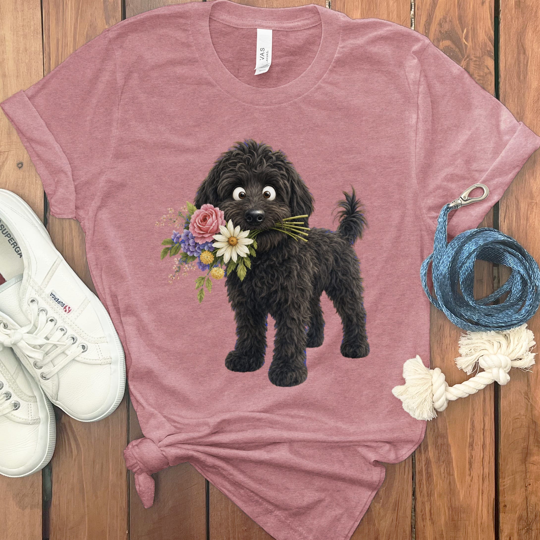 Black Goldendoodle Flower Shop T-Shirt in Heather Mauve / S by Puppy Jo