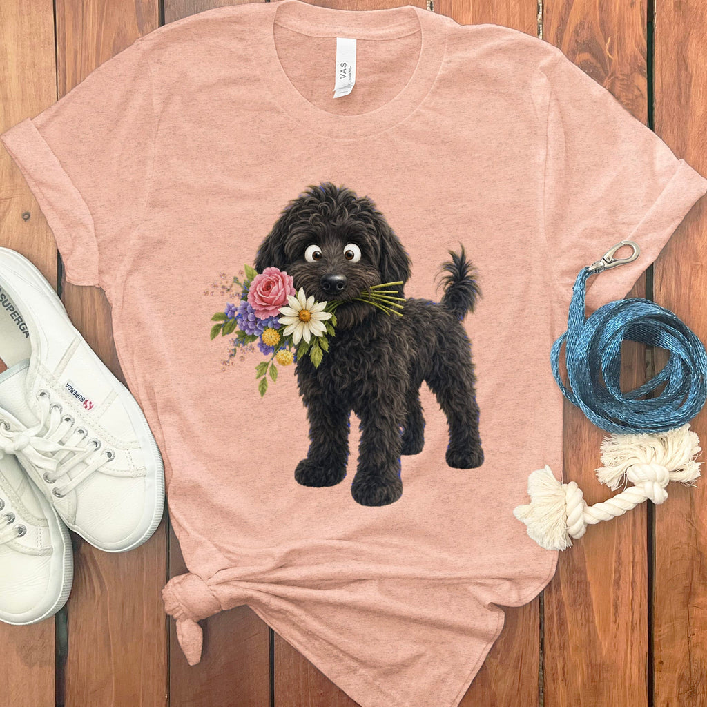 Black Goldendoodle Flower Shop T-Shirt in Heather Peach / S by Puppy Jo