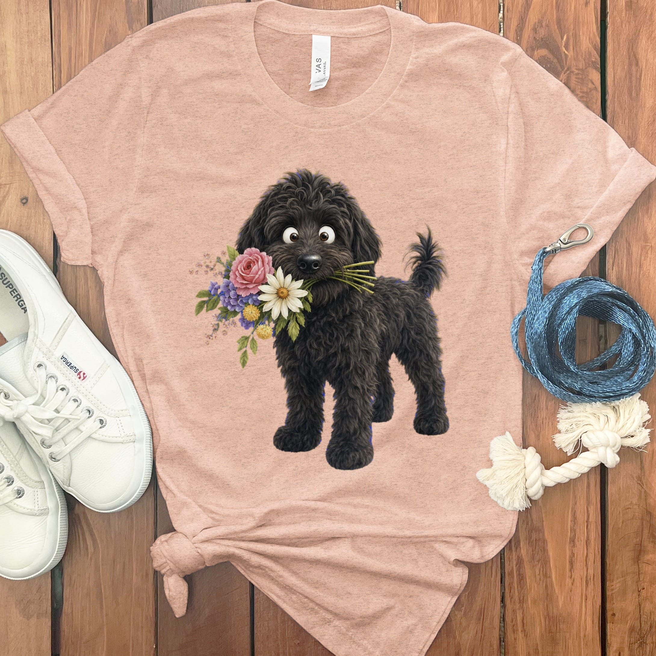 Black Goldendoodle Flower Shop T-Shirt in Heather Peach / S by Puppy Jo