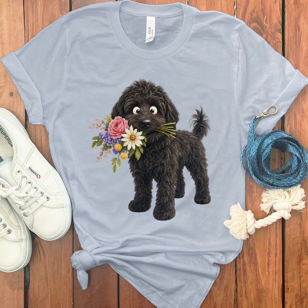 Black Goldendoodle Flower Shop T-Shirt in Light Blue / S by Puppy Jo