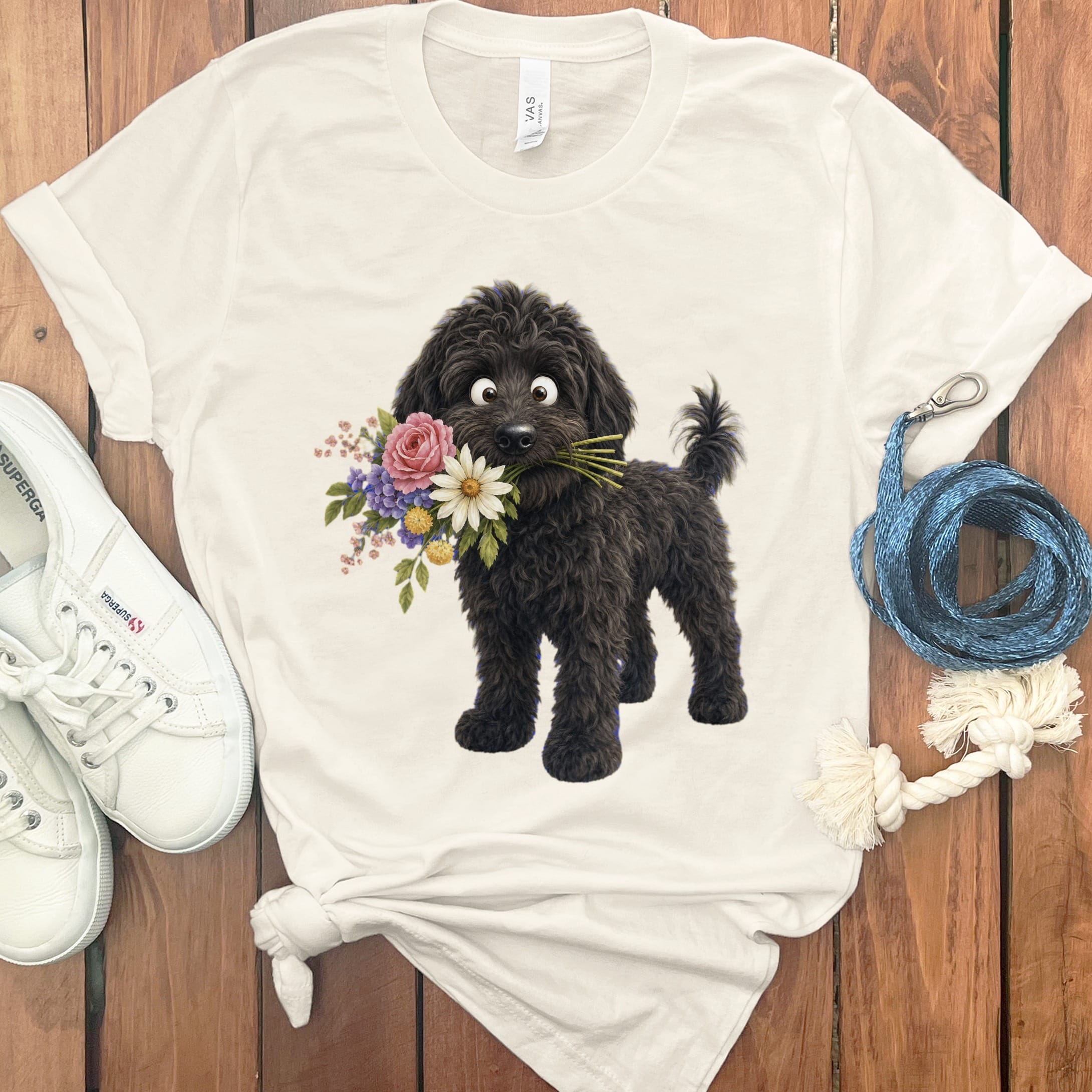 Black Goldendoodle Flower Shop T-Shirt in Natural / S by Puppy Jo