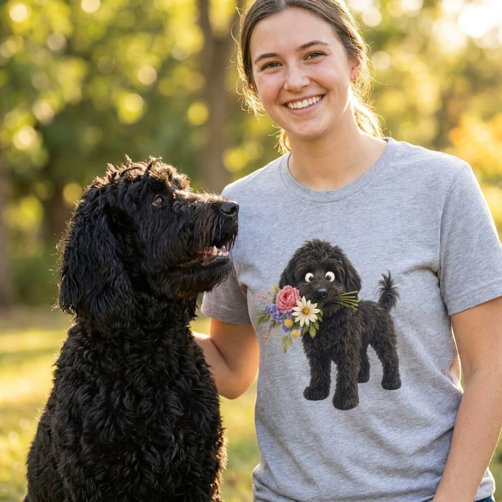 Black Goldendoodle Flower Shop T-Shirt in by Puppy Jo
