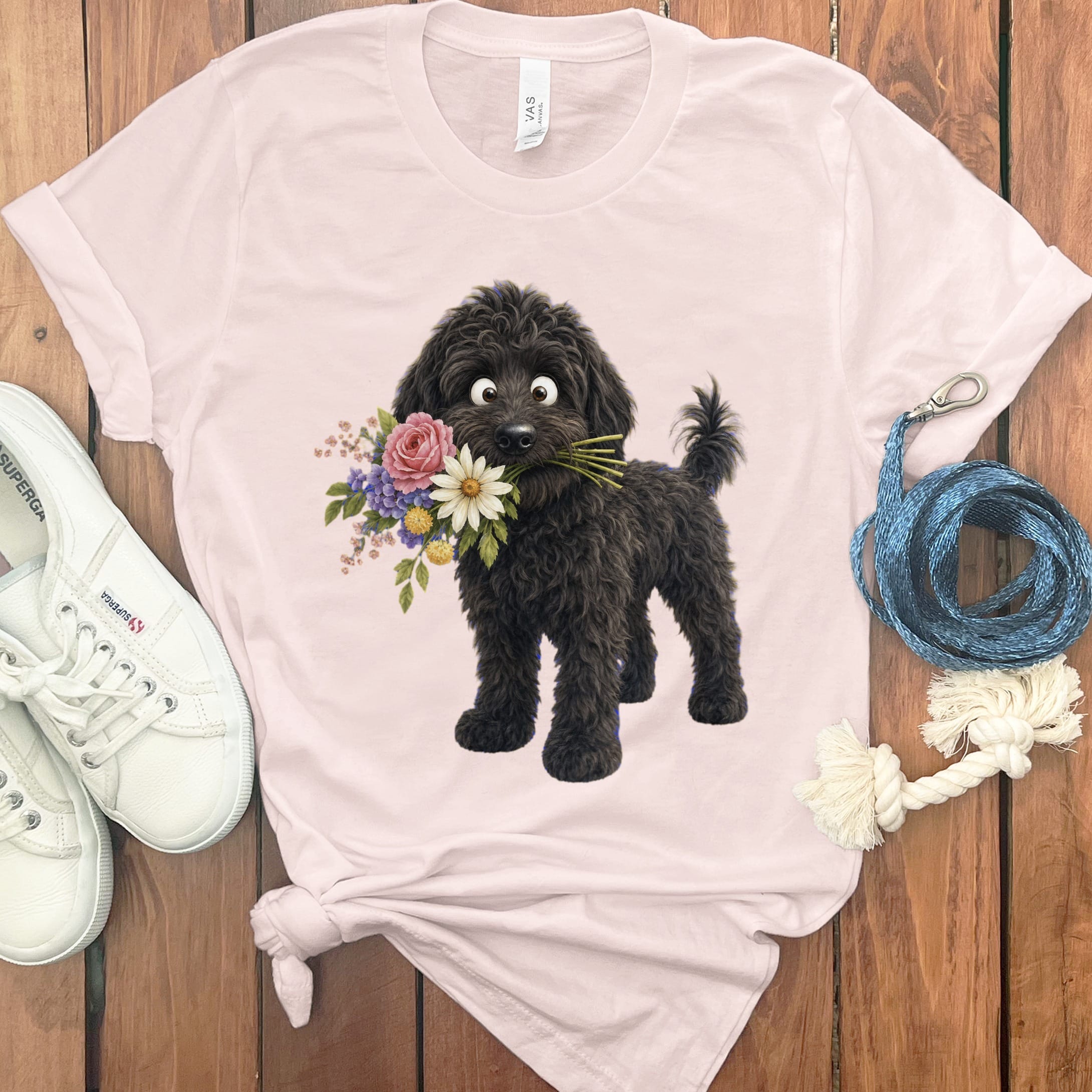 Black Goldendoodle Flower Shop T-Shirt in Soft Pink / S by Puppy Jo