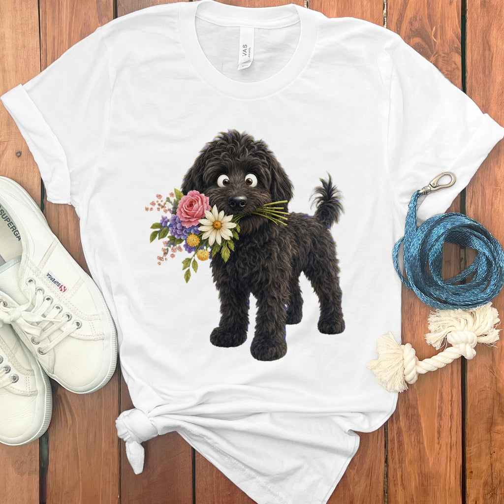 Black Goldendoodle Flower Shop T-Shirt in White / S by Puppy Jo