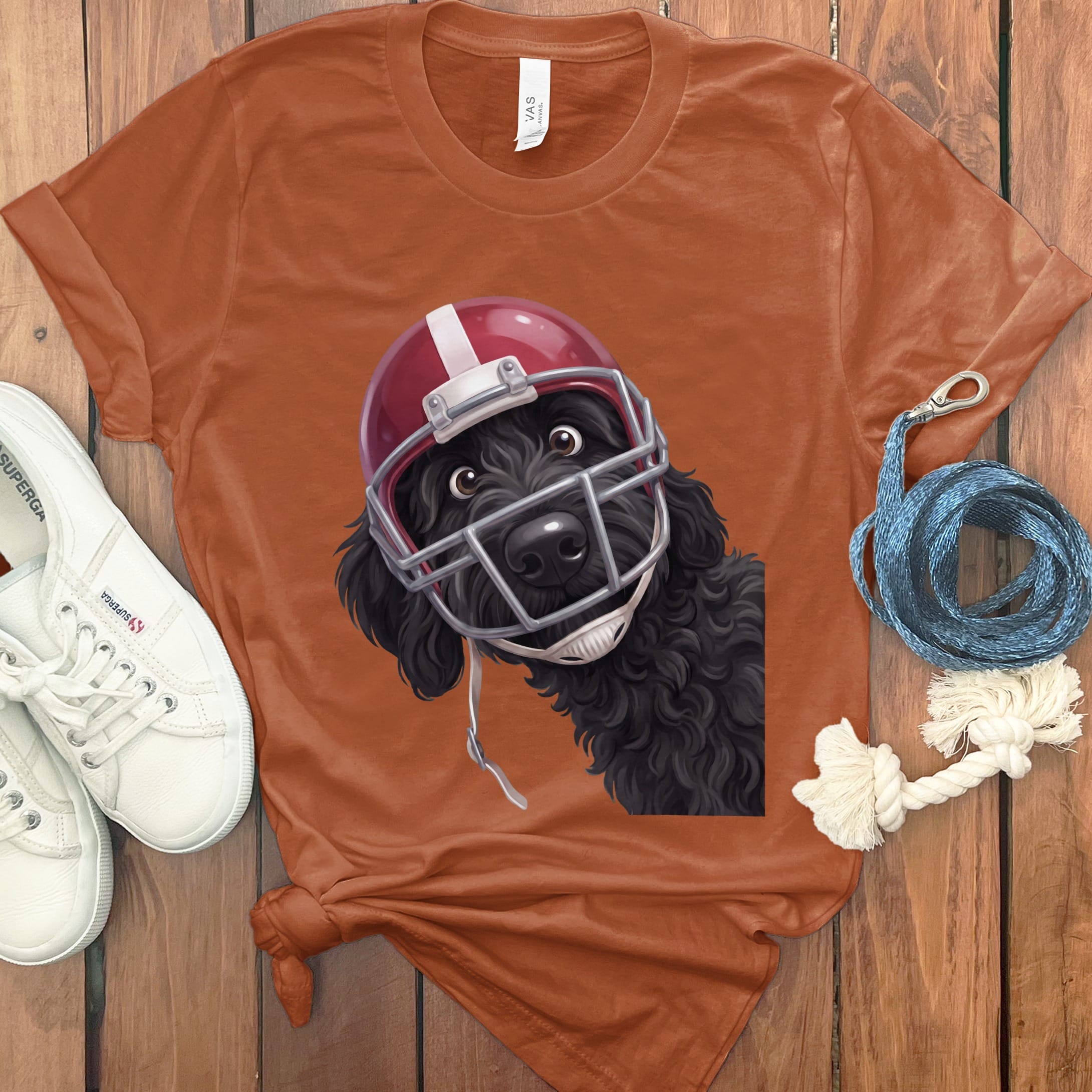 Black Goldendoodle Football Helmet T-Shirt in Autumn / S by Puppy Jo
