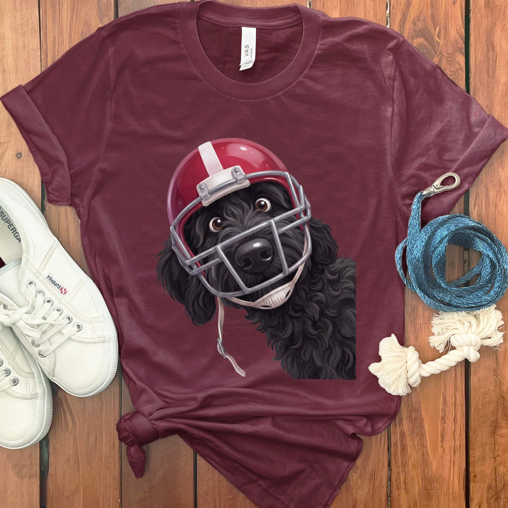 Black Goldendoodle Football Helmet T-Shirt in Maroon / S by Puppy Jo