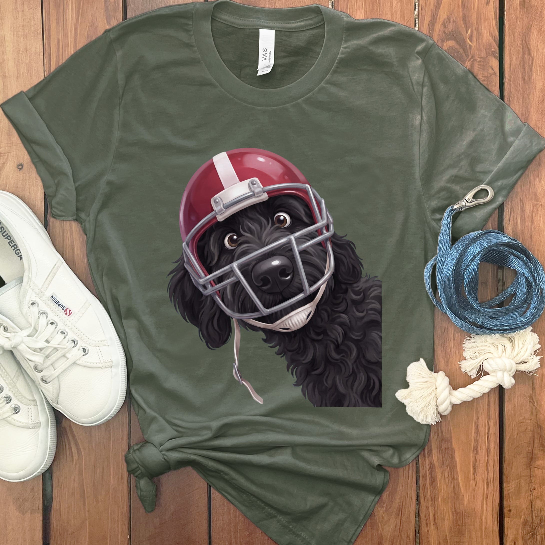 Black Goldendoodle Football Helmet T-Shirt in Military Green / S by Puppy Jo