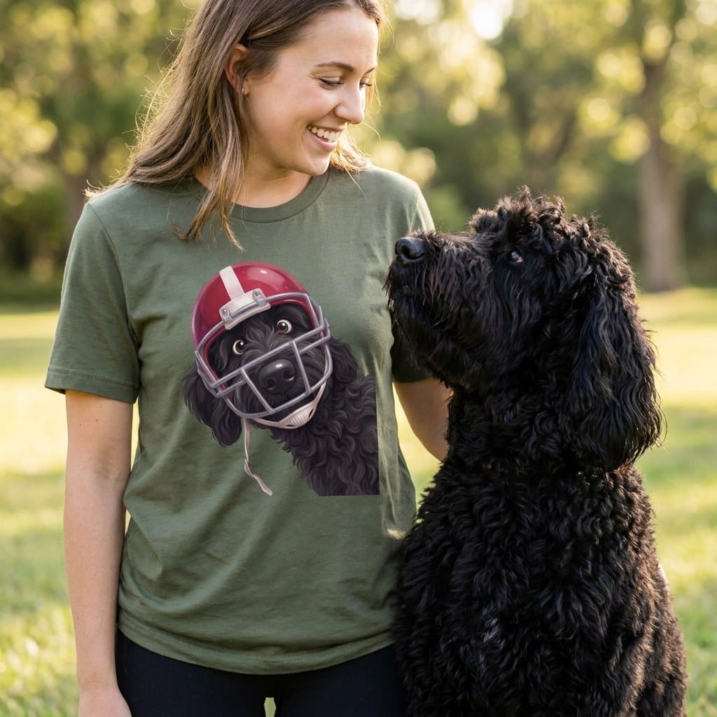 Black Goldendoodle Football Helmet T-Shirt in by Puppy Jo