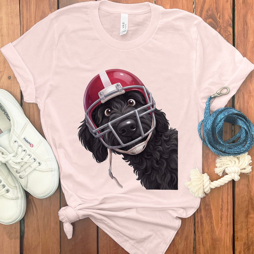 Black Goldendoodle Football Helmet T-Shirt in Soft Pink / S by Puppy Jo