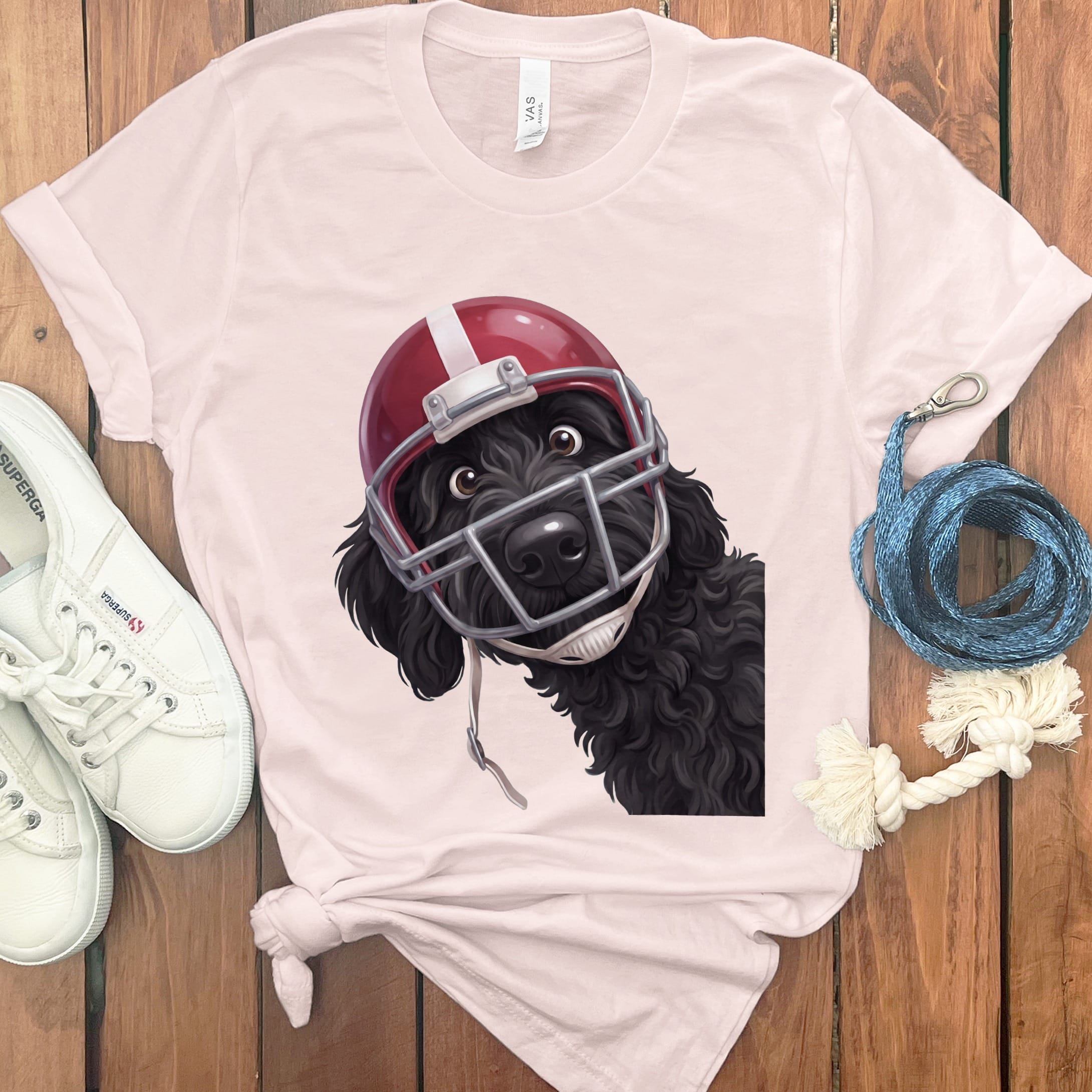 Black Goldendoodle Football Helmet T-Shirt in Soft Pink / S by Puppy Jo
