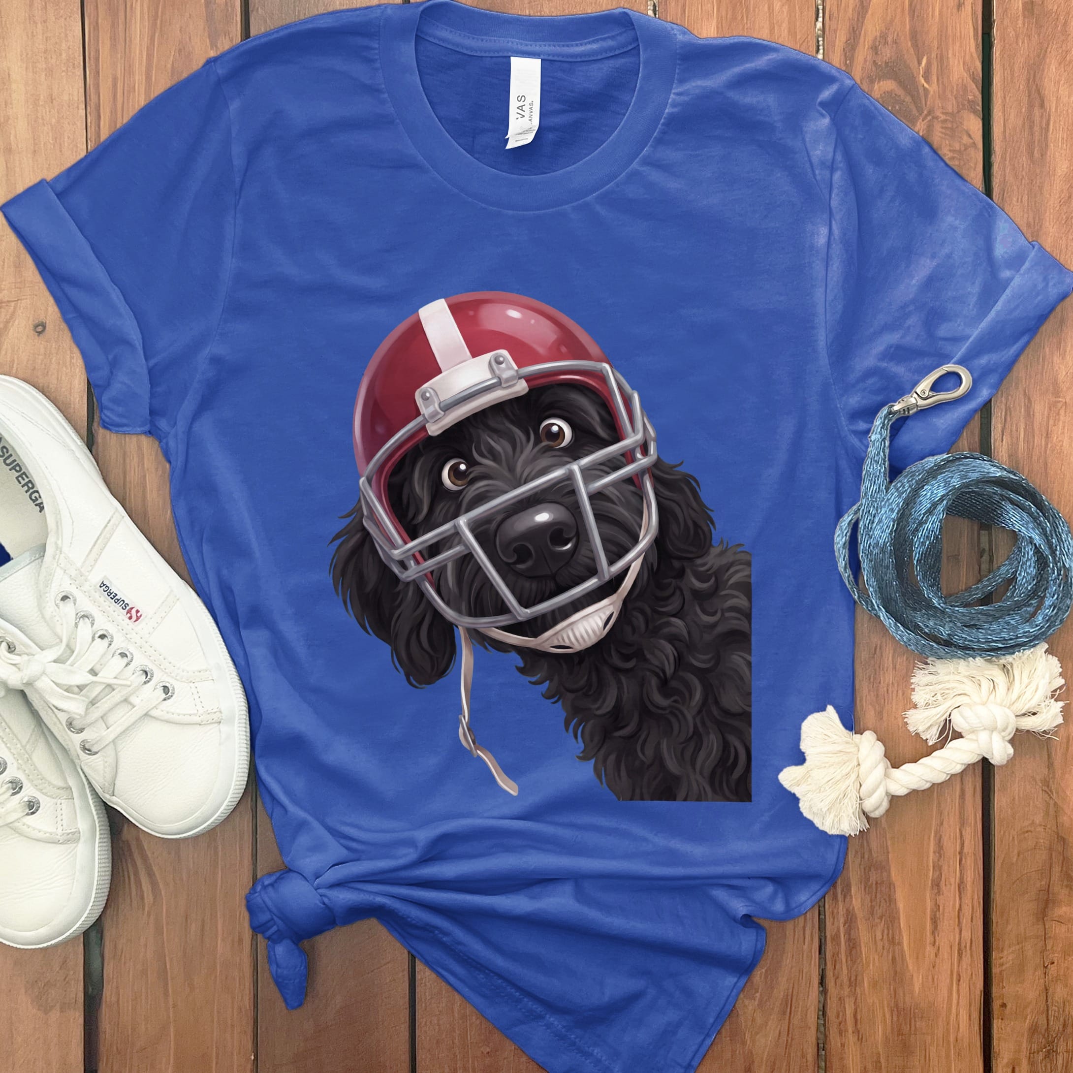 Black Goldendoodle Football Helmet T-Shirt in True Royal / S by Puppy Jo