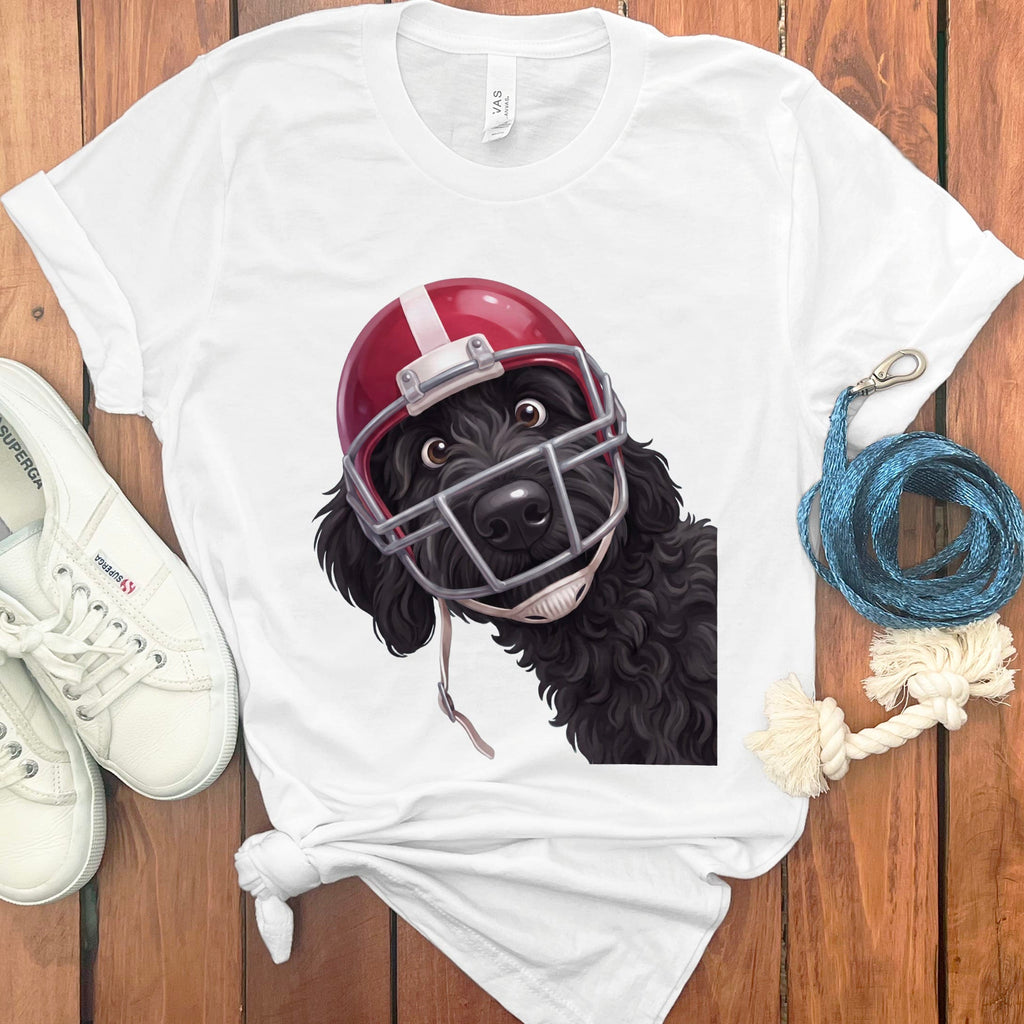 Black Goldendoodle Football Helmet T-Shirt in White / S by Puppy Jo