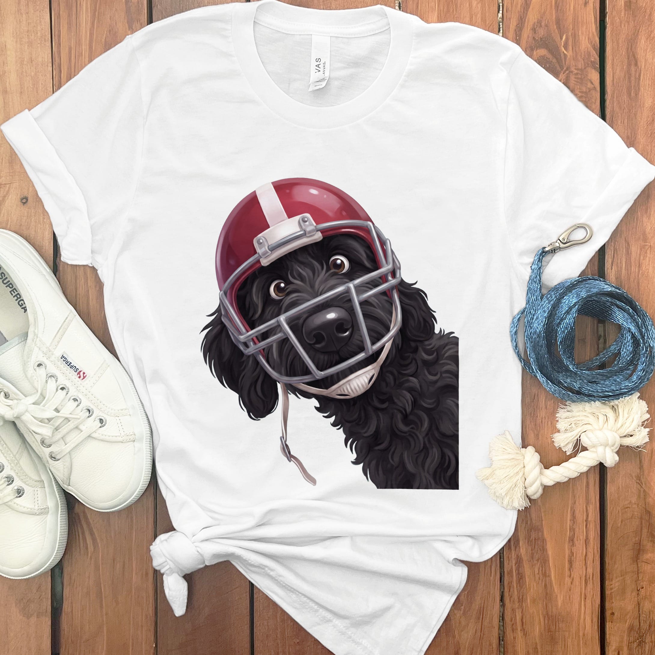 Black Goldendoodle Football Helmet T-Shirt in White / S by Puppy Jo