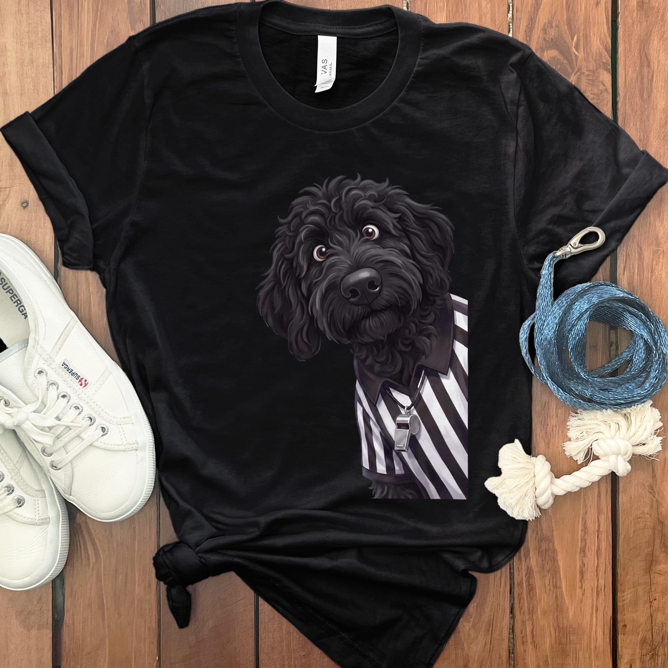 Black Goldendoodle Football Referee T-Shirt in S / Black by Puppy Jo